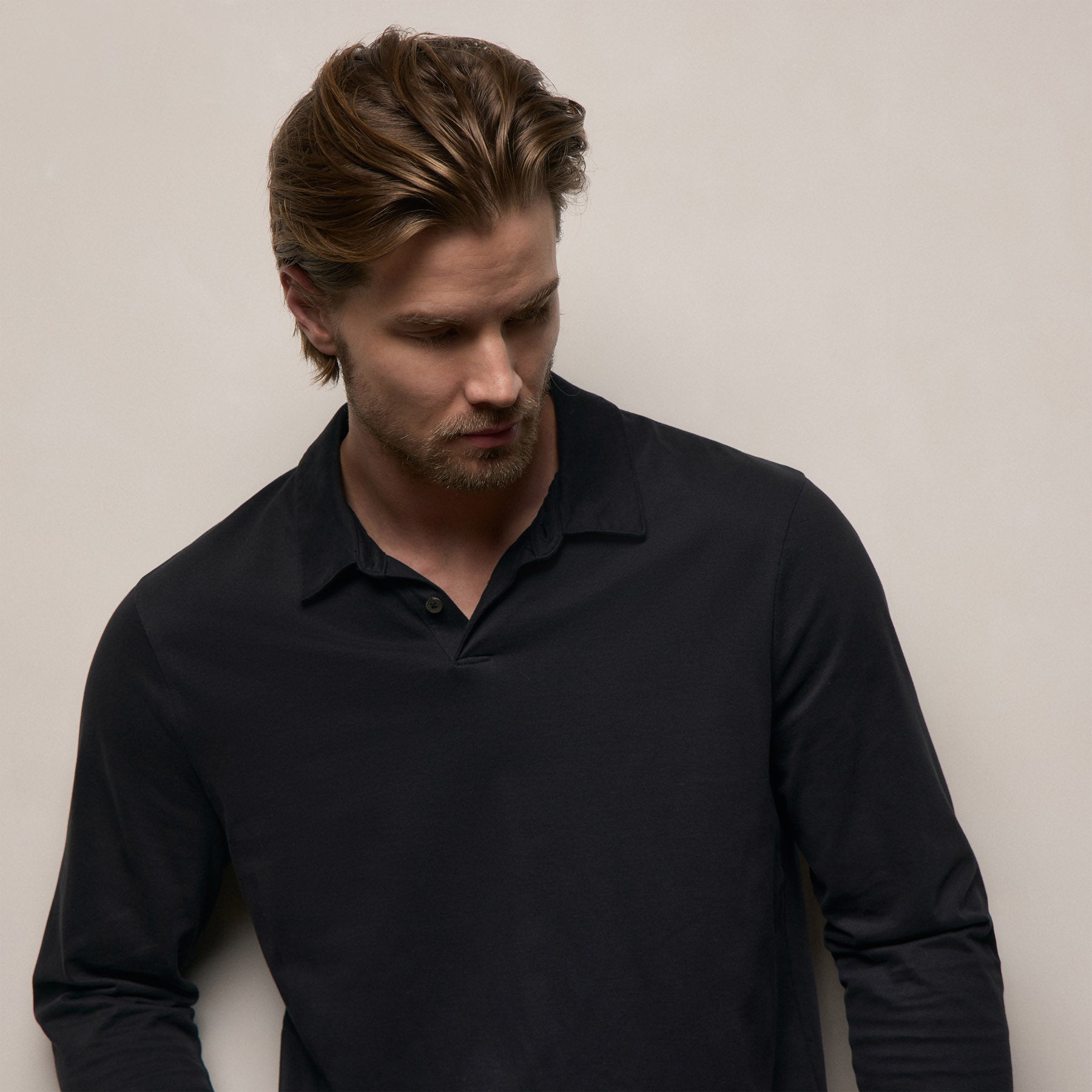 Heavy Luxe Jersey Long Sleeve Polo - Black