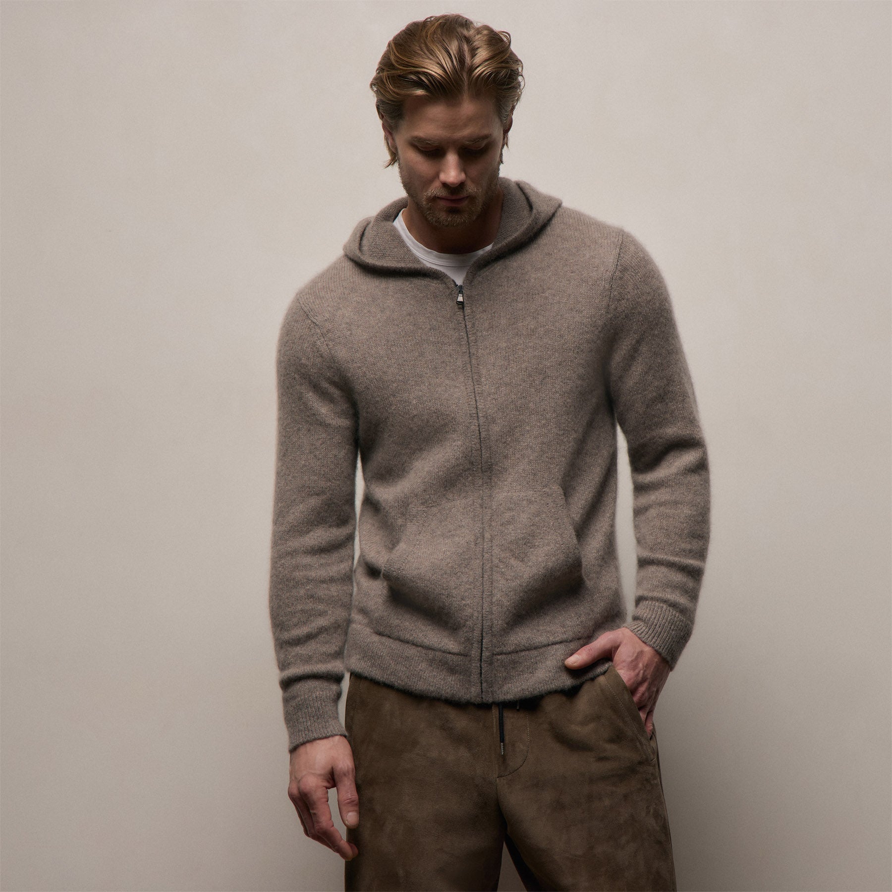 Lightweight Textured Cashmere Knit Zip Up Hoodie - Beige Melange