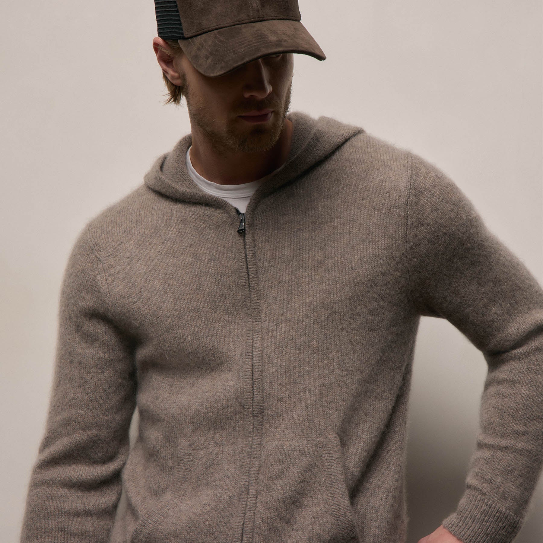 Lightweight Textured Cashmere Knit Zip Up Hoodie - Beige Melange