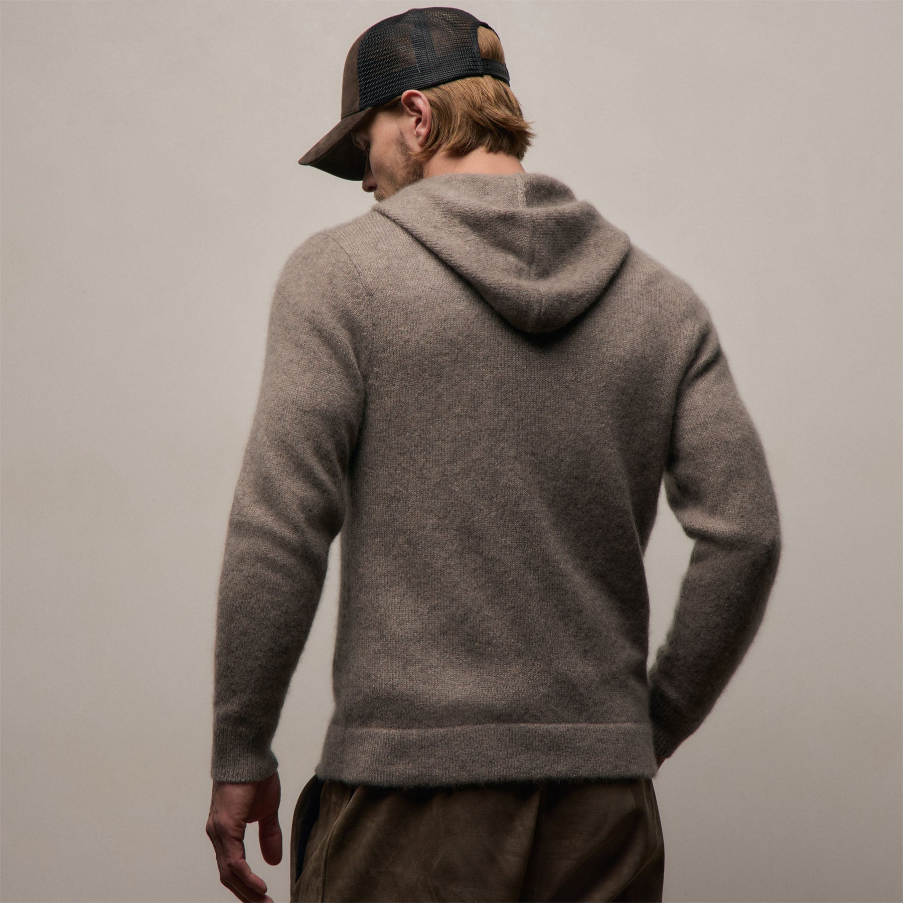 Lightweight Textured Cashmere Knit Zip Up Hoodie - Beige Melange