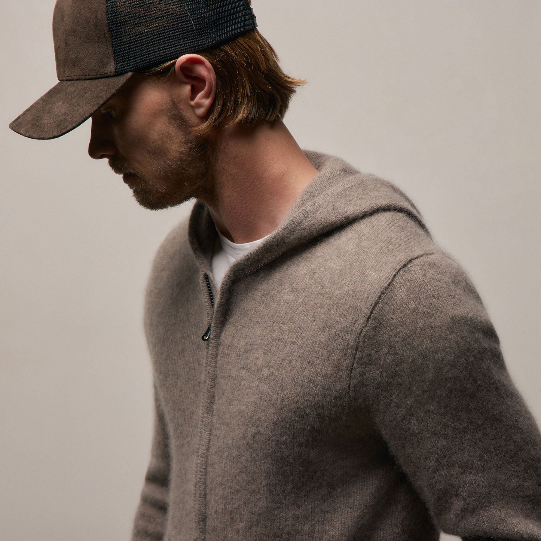 Lightweight Textured Cashmere Knit Zip Up Hoodie - Beige Melange