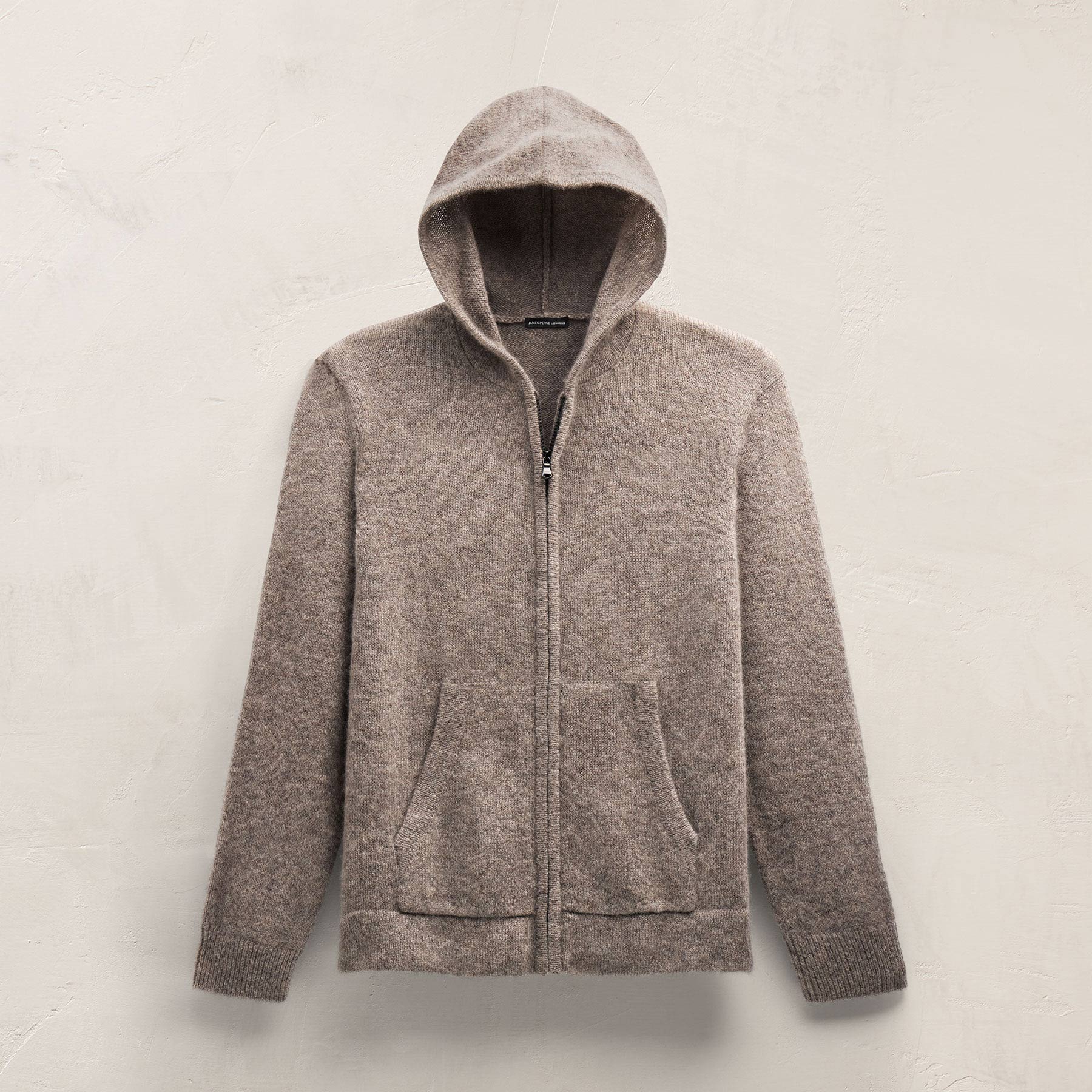 Lightweight Textured Cashmere Knit Zip Up Hoodie - Beige Melange