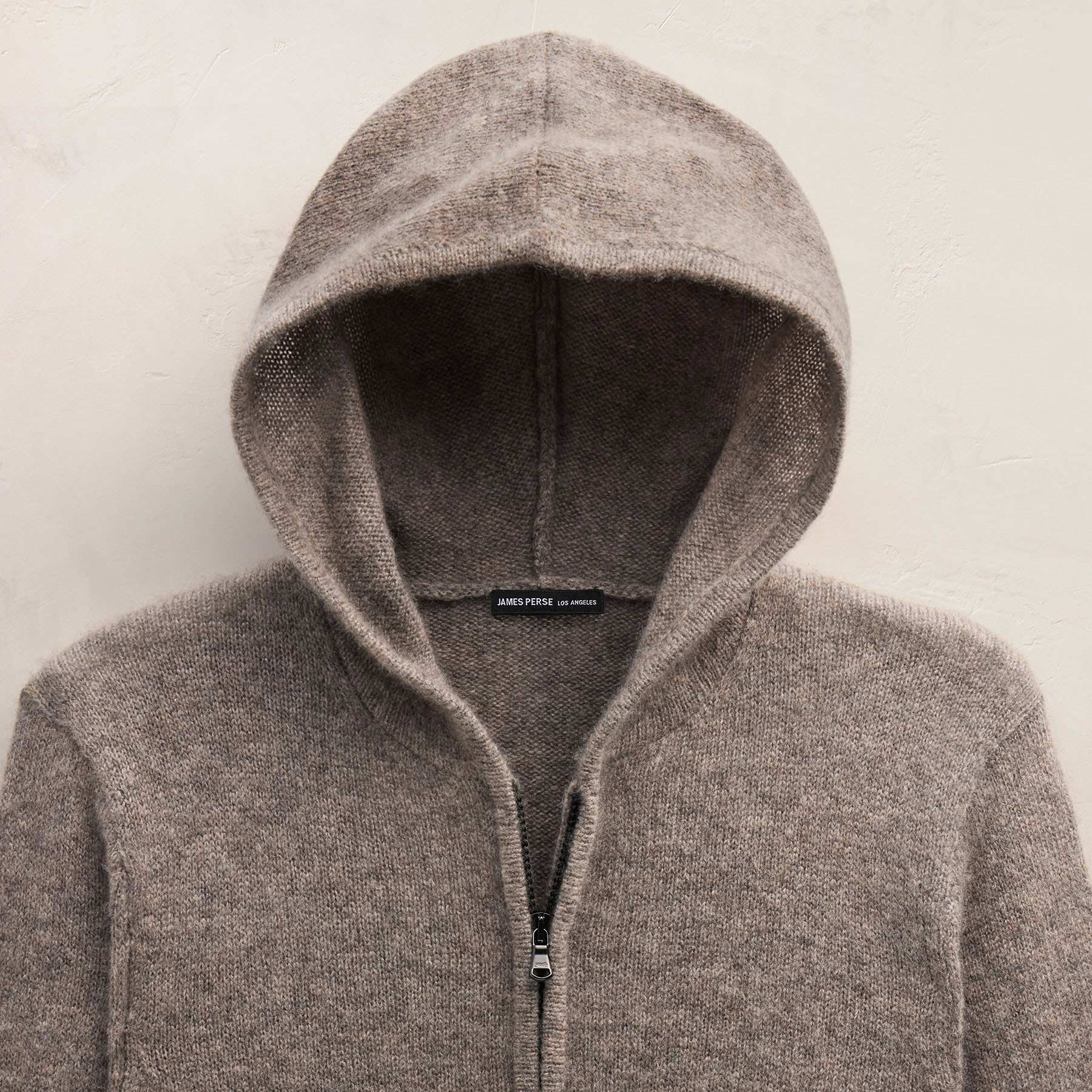 Lightweight Textured Cashmere Knit Zip Up Hoodie - Beige Melange