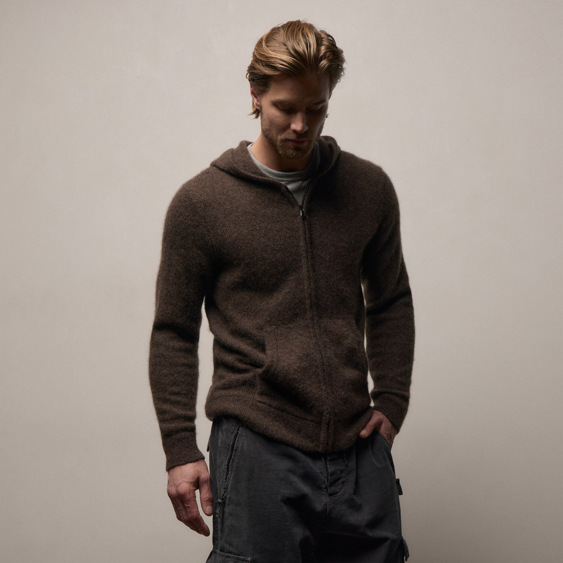 Lightweight Textured Cashmere Knit Zip Up Hoodie - Bark