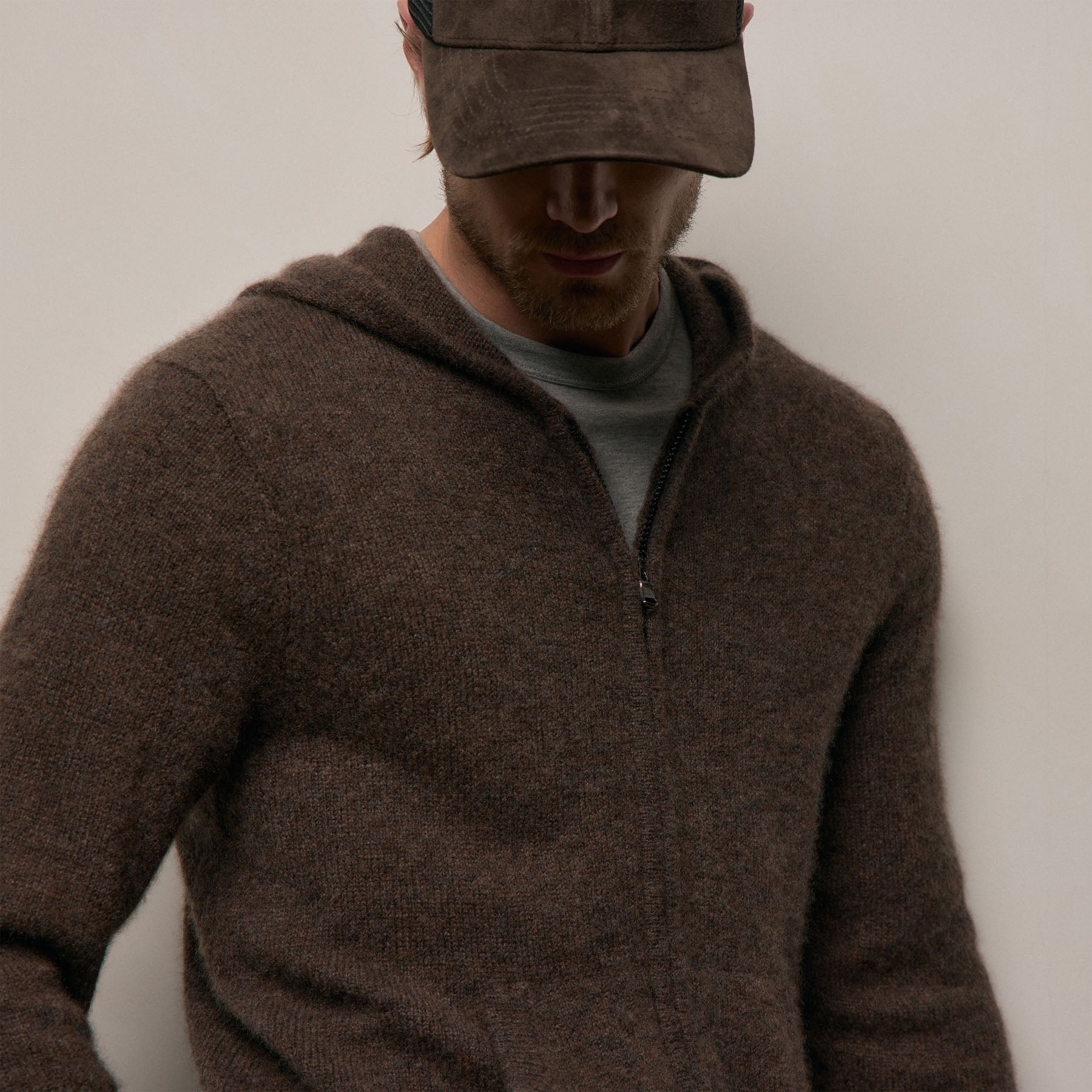 Lightweight Textured Cashmere Knit Zip Up Hoodie - Bark