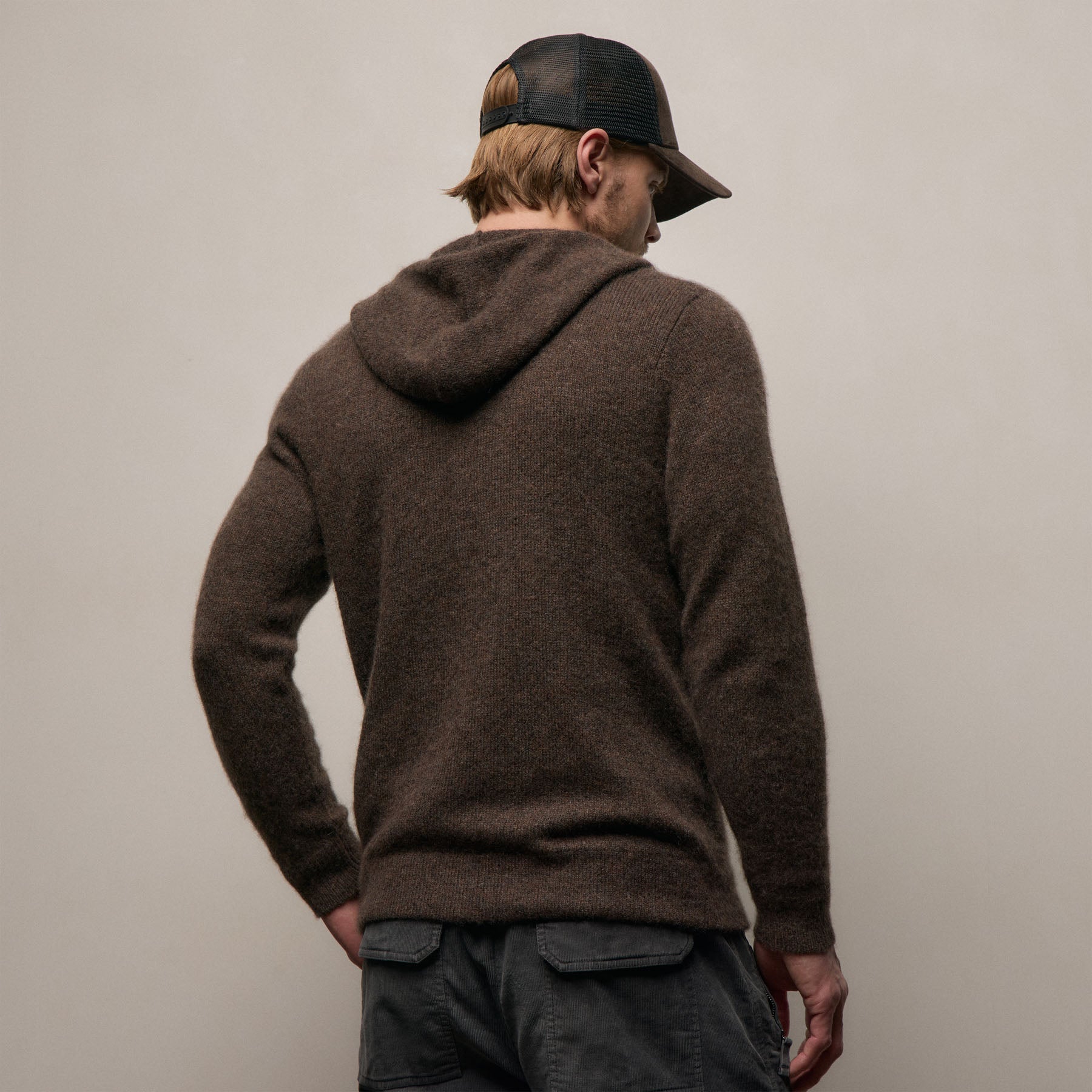 Lightweight Textured Cashmere Knit Zip Up Hoodie - Bark