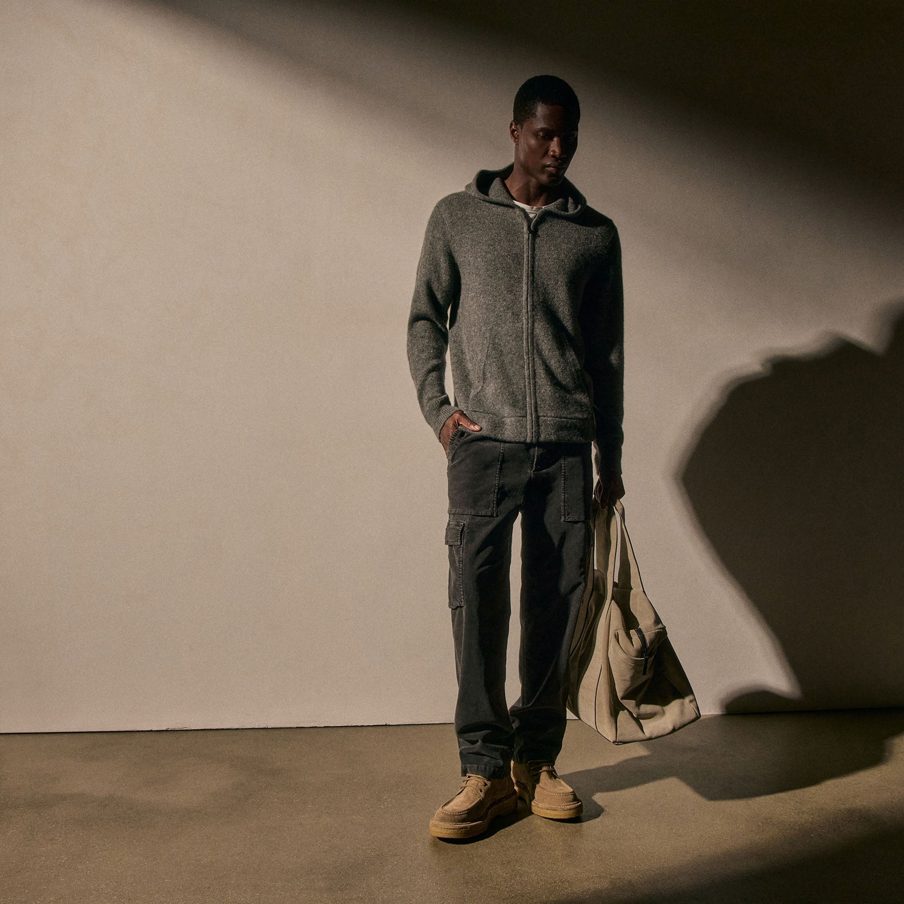 Lightweight Textured Cashmere Knit Zip Up Hoodie - Thunder