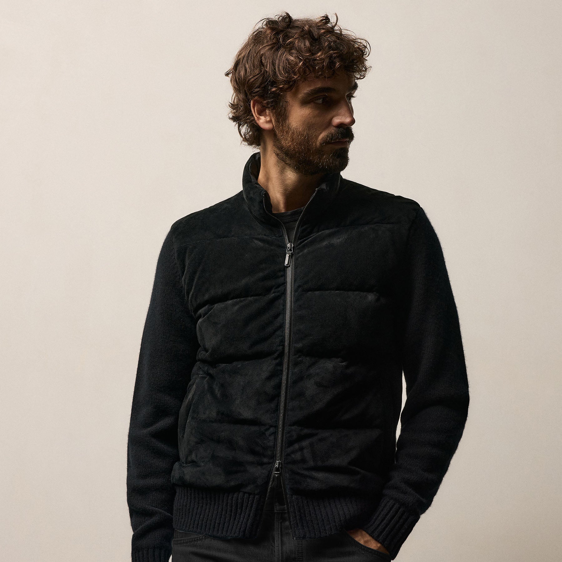 Suede Front Zip Up Sweater - Black