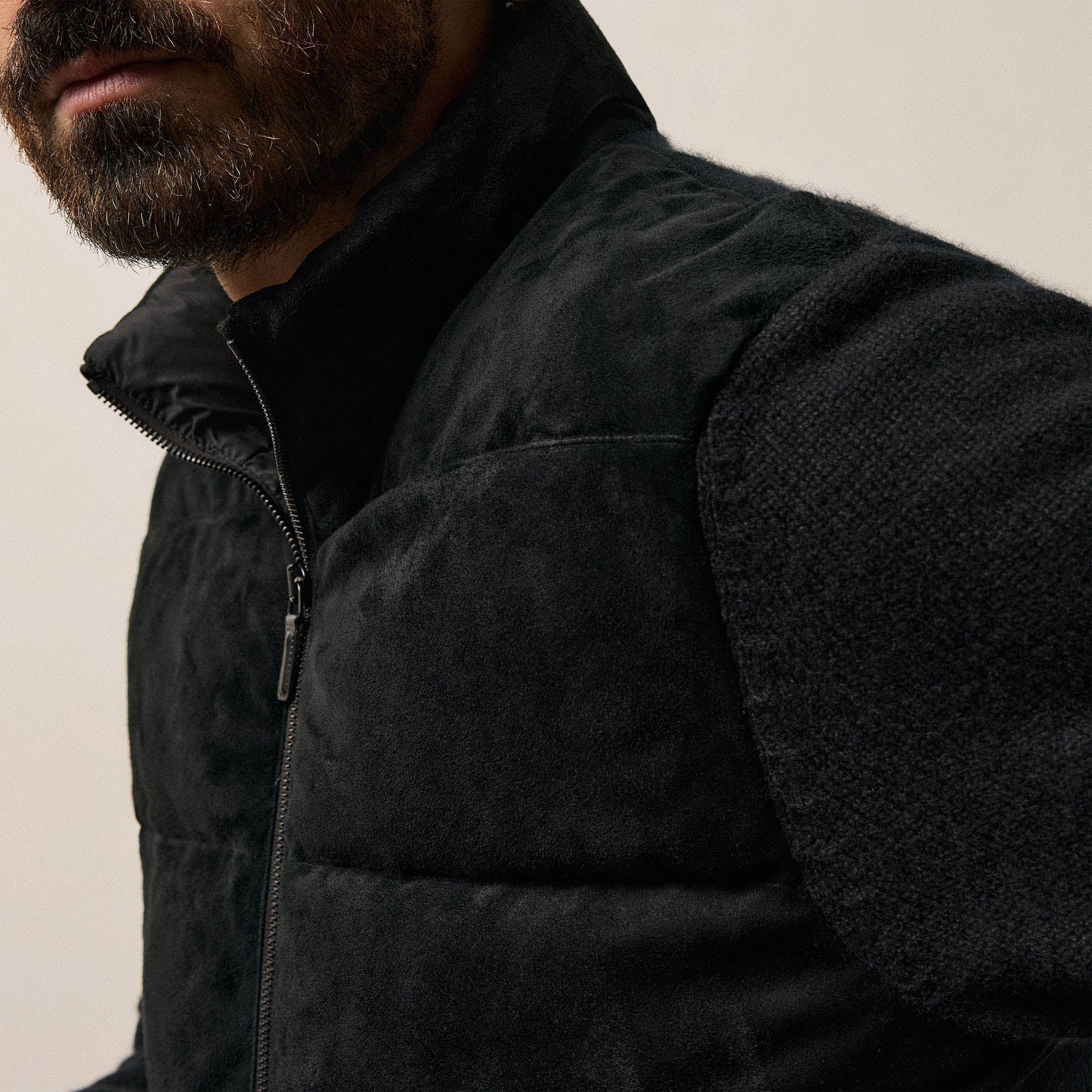 Suede Front Zip Up Sweater - Black
