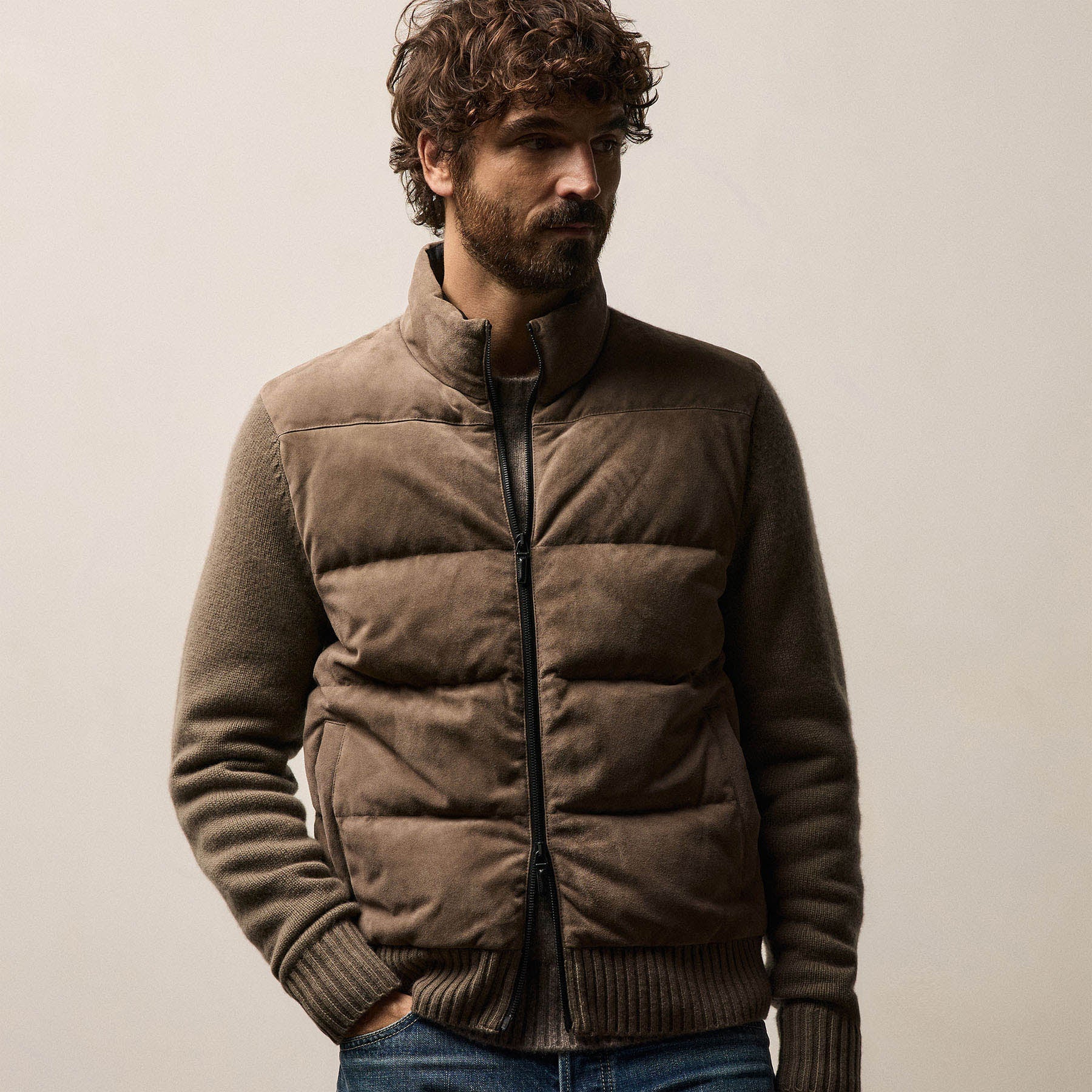 Suede Front Zip Up Sweater - Caribou