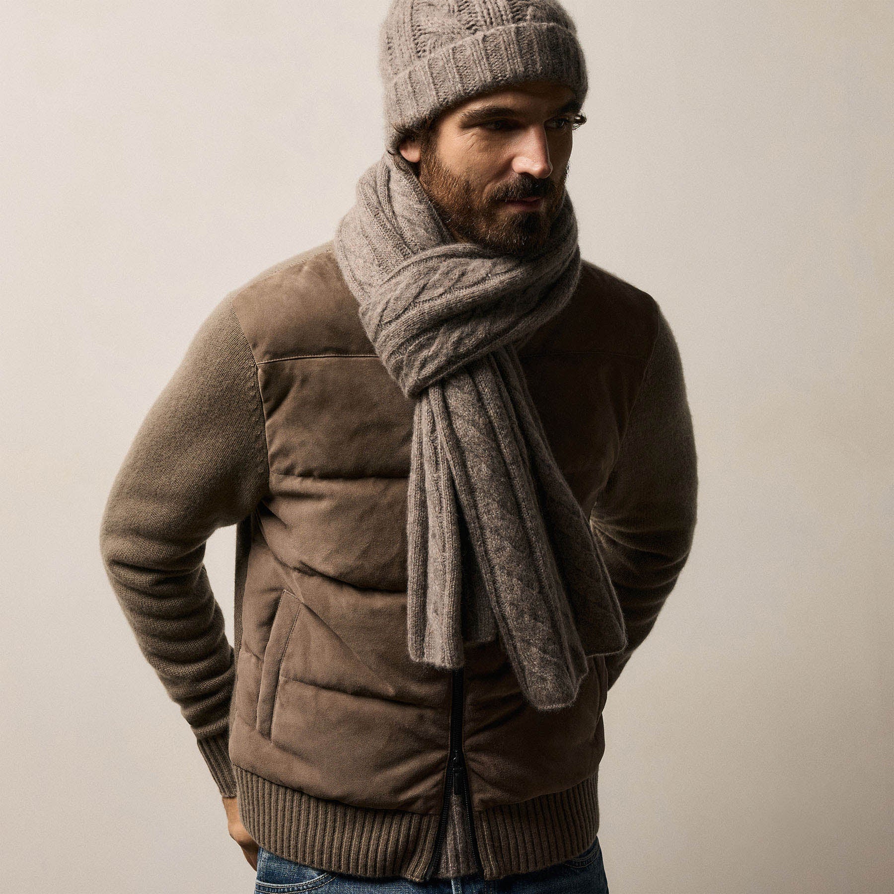 Suede Front Zip Up Sweater - Caribou