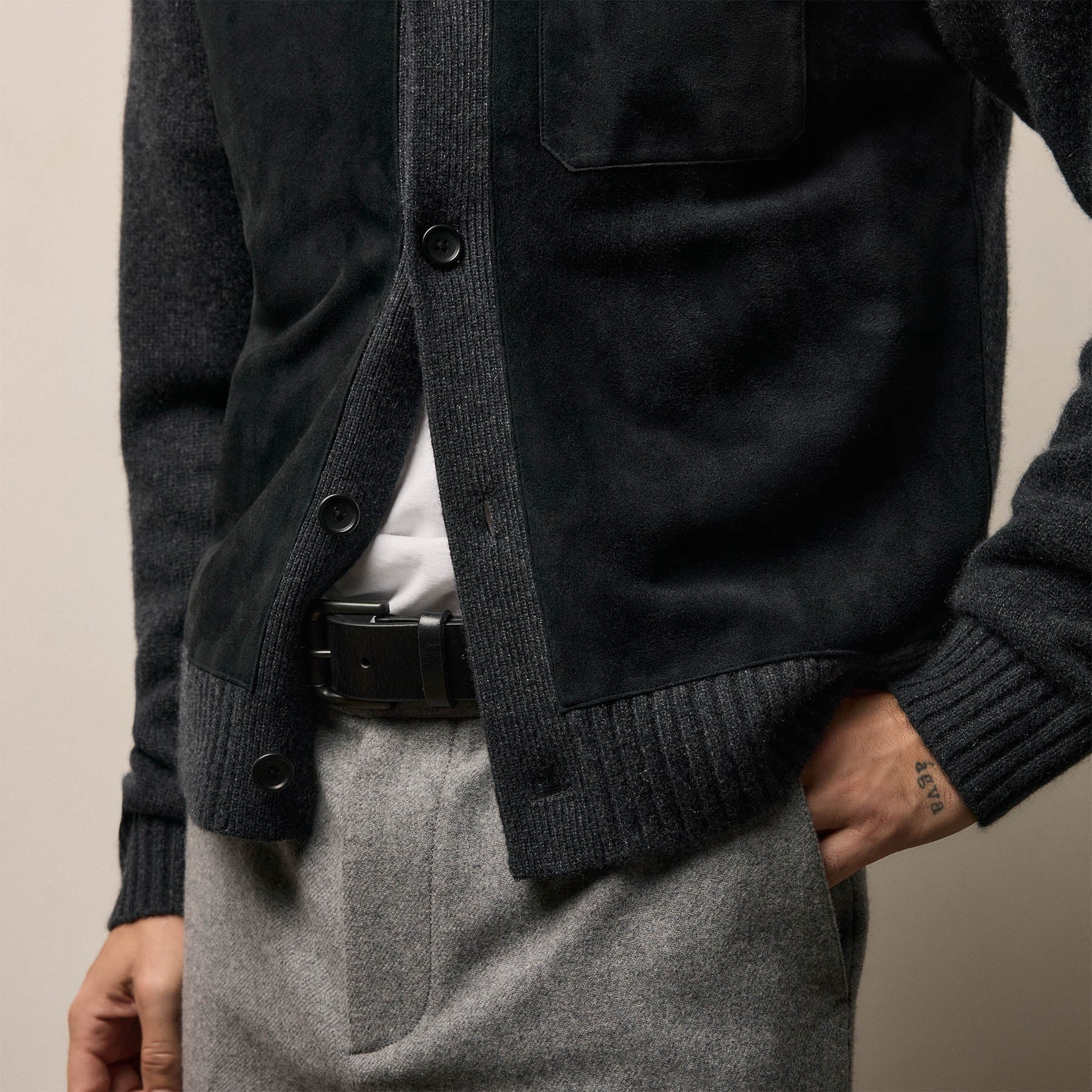 Suede Front Cashmere Cardigan - Coal