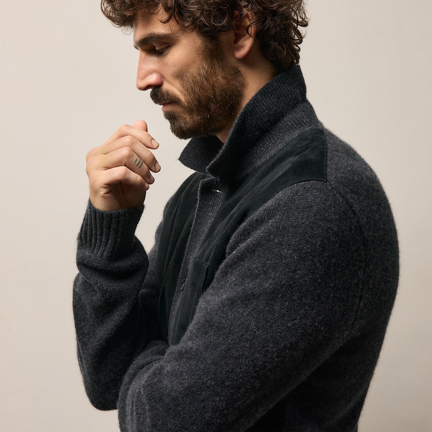 Suede Front Cashmere Cardigan - Coal