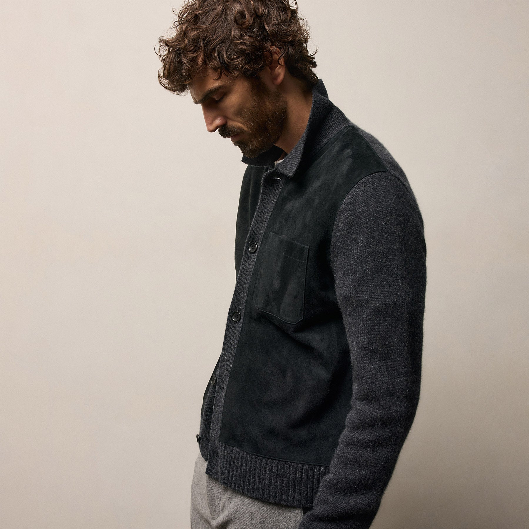 Suede Front Cashmere Cardigan - Coal