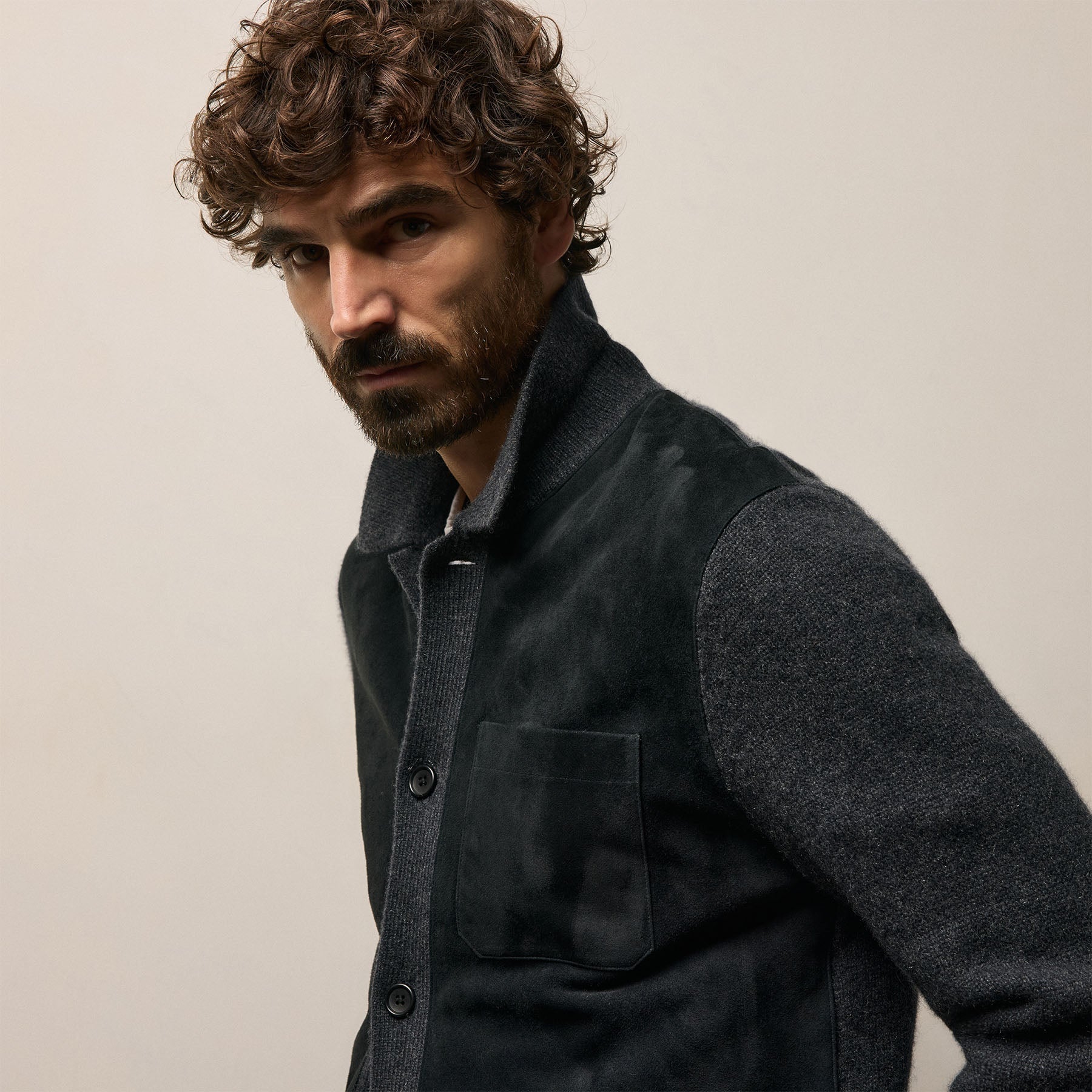 Suede Front Cashmere Cardigan - Coal