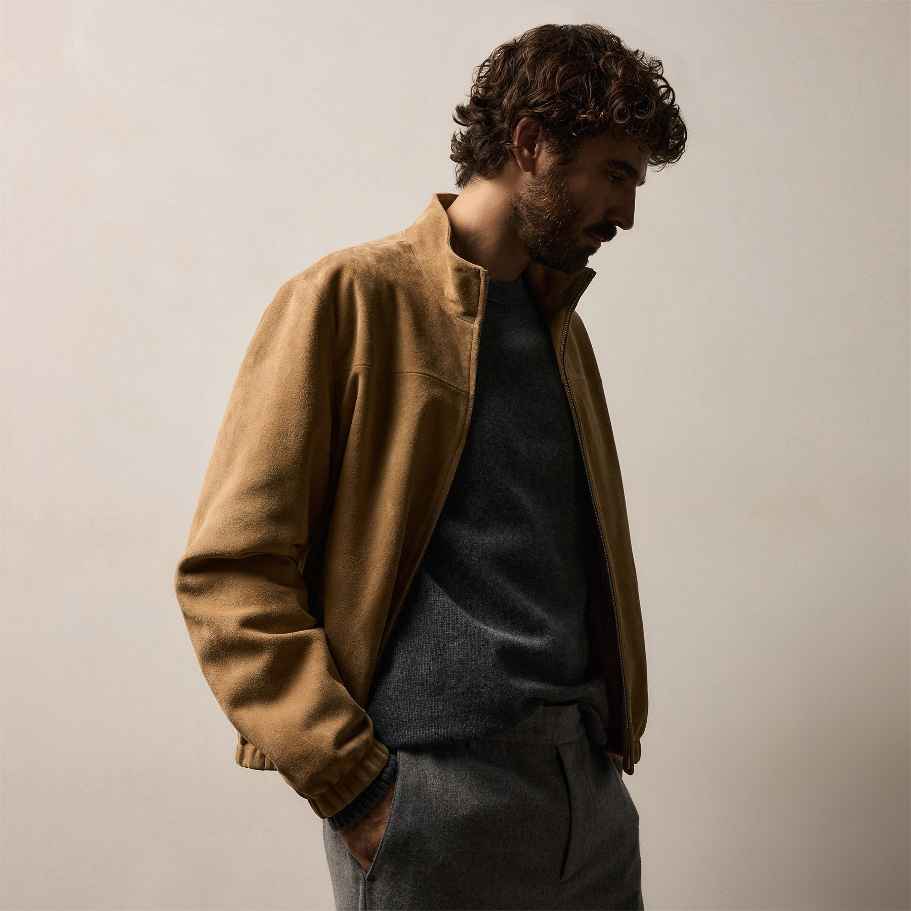 Suede Bomber Jacket - Sand