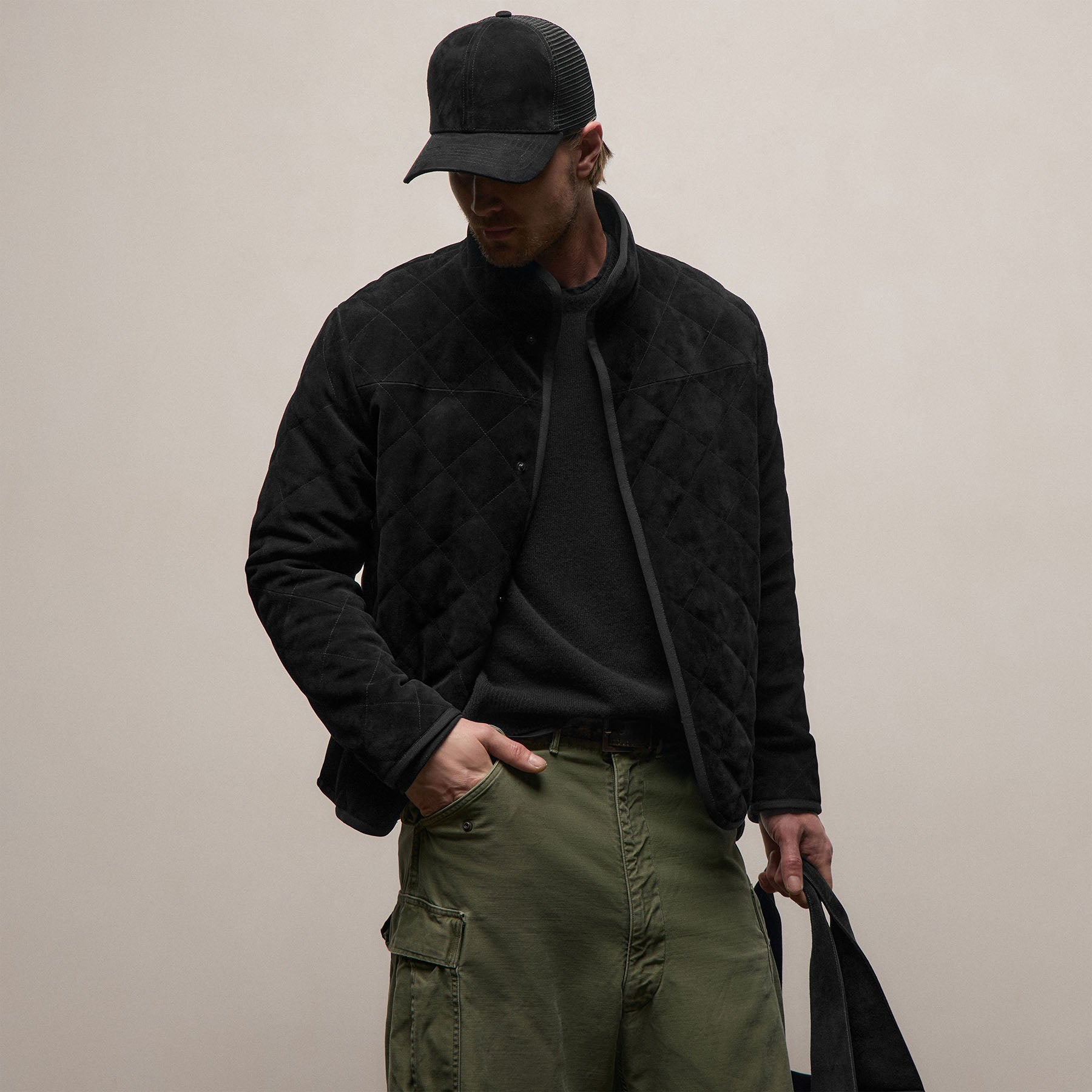 Quilted Suede Snap Front Jacket - Black