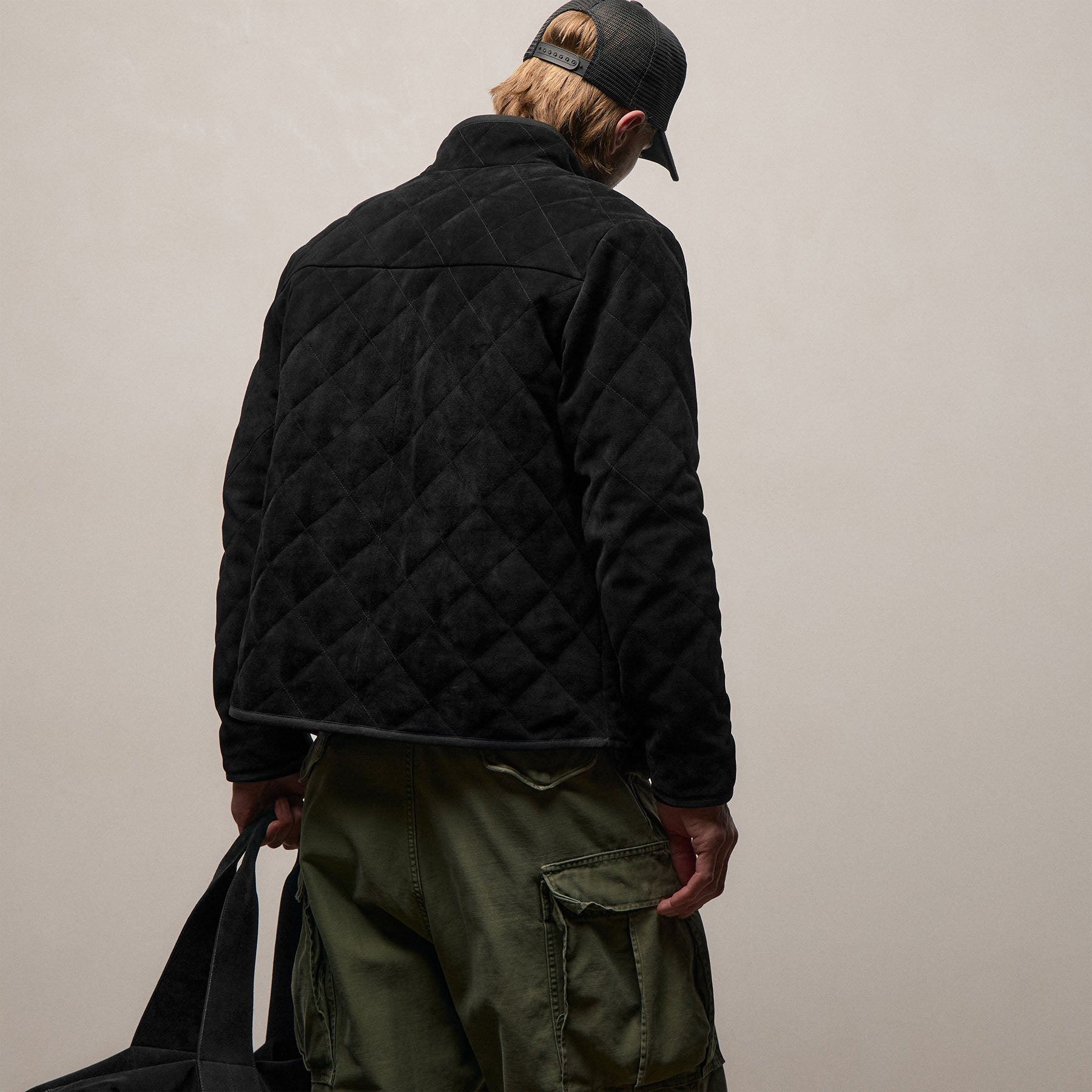Quilted Suede Snap Front Jacket - Black