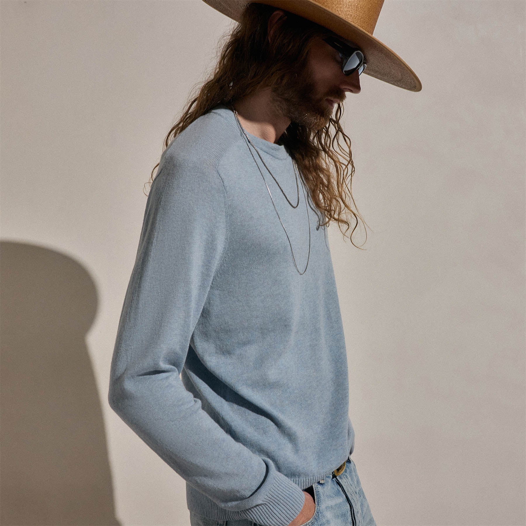 Cotton Cashmere Raglan Crew - Sky Blue