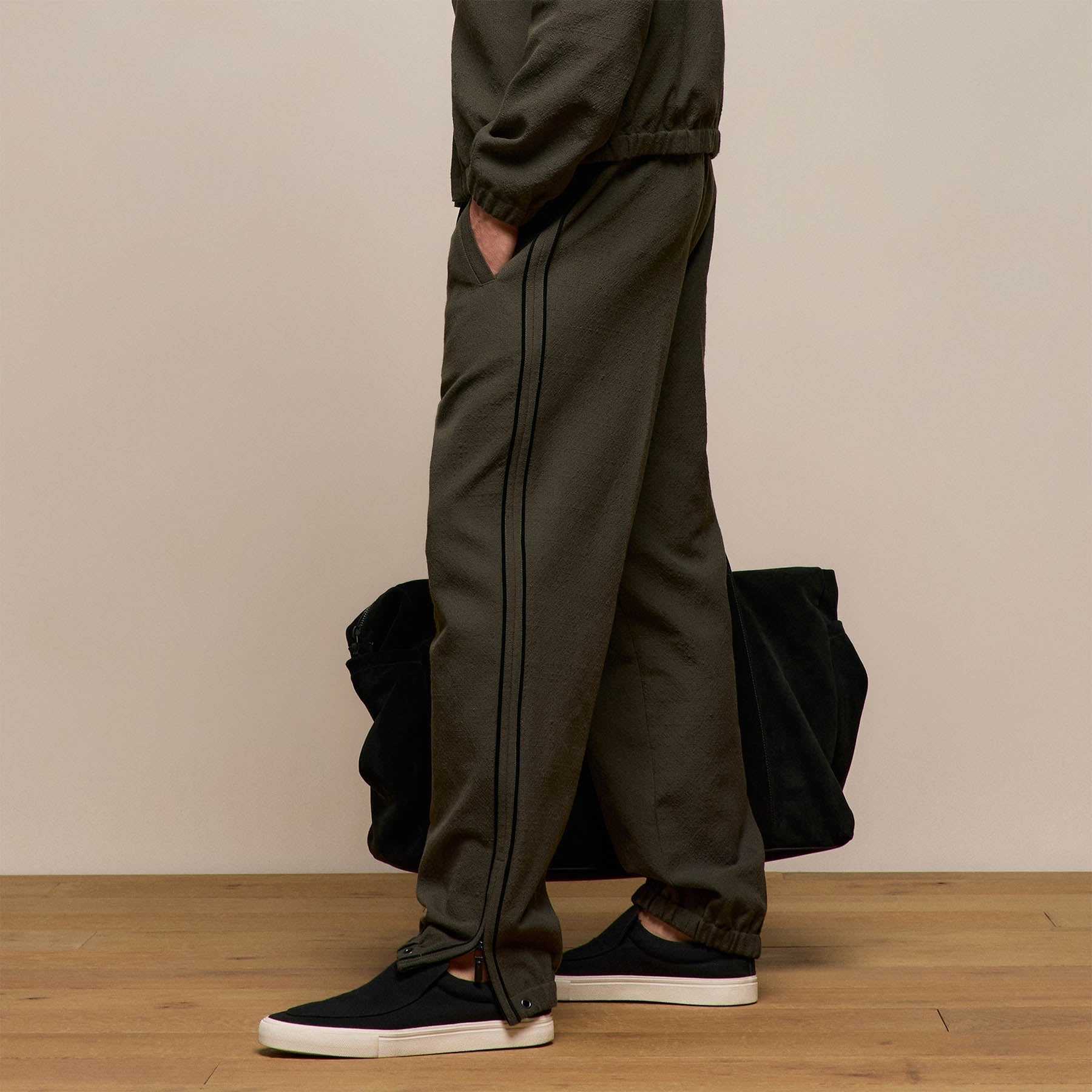 Suede Trimmed Track Pant - Dark Olive/Black