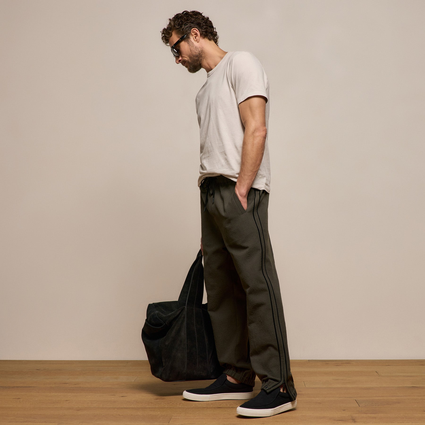 Suede Trimmed Track Pant - Dark Olive/Black