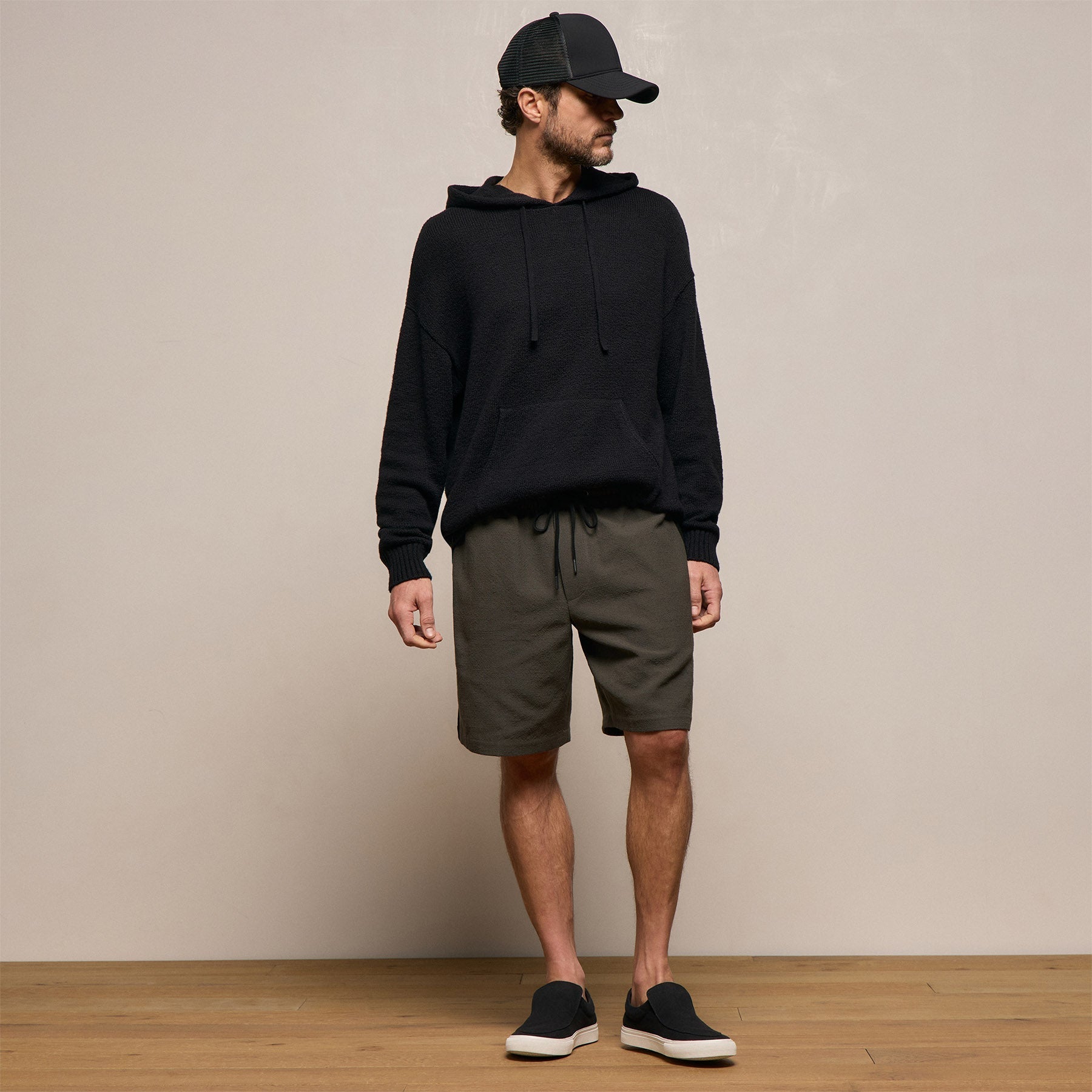 Suede Trimmed Track Short - Dark Olive/Black