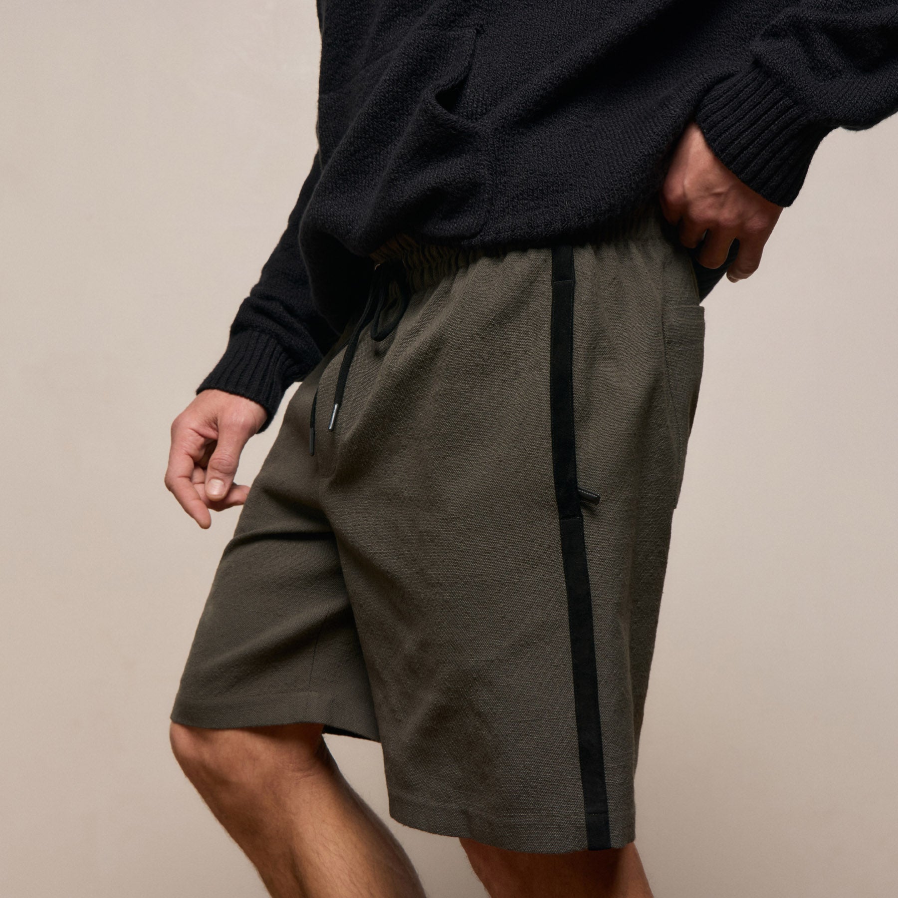 Suede Trimmed Track Short - Dark Olive/Black