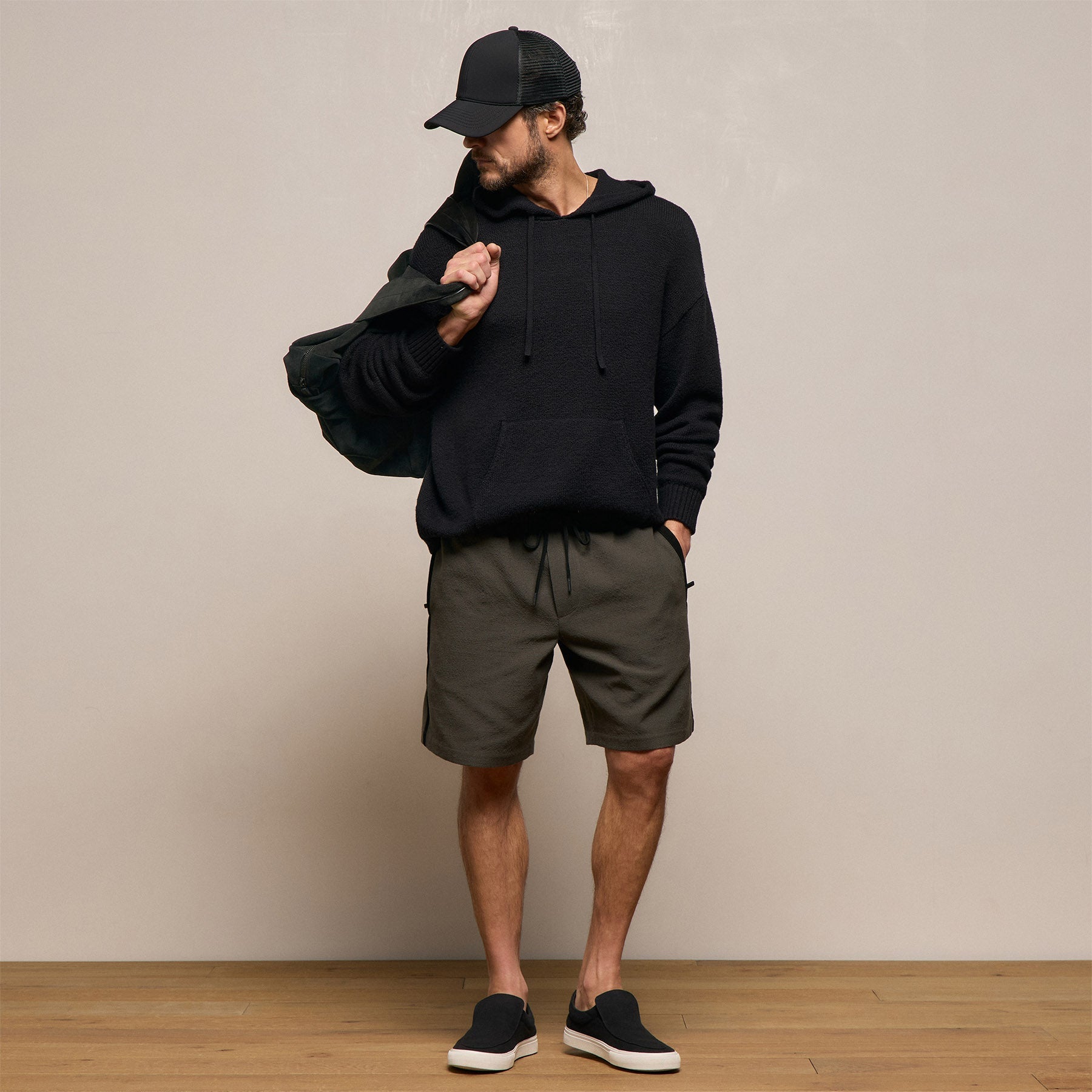 Suede Trimmed Track Short - Dark Olive/Black