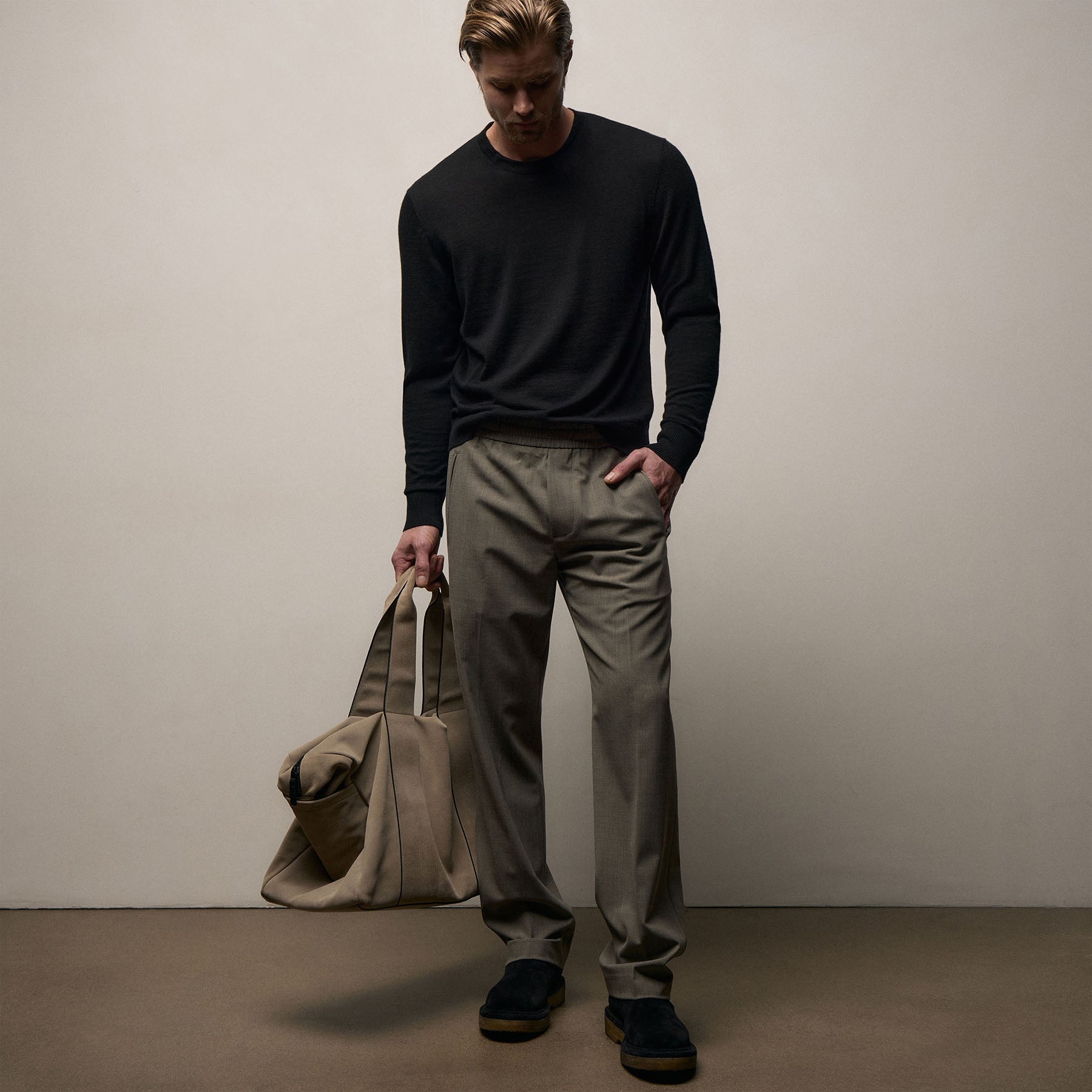 Wool Stretch Pull On Trouser - Light Olive