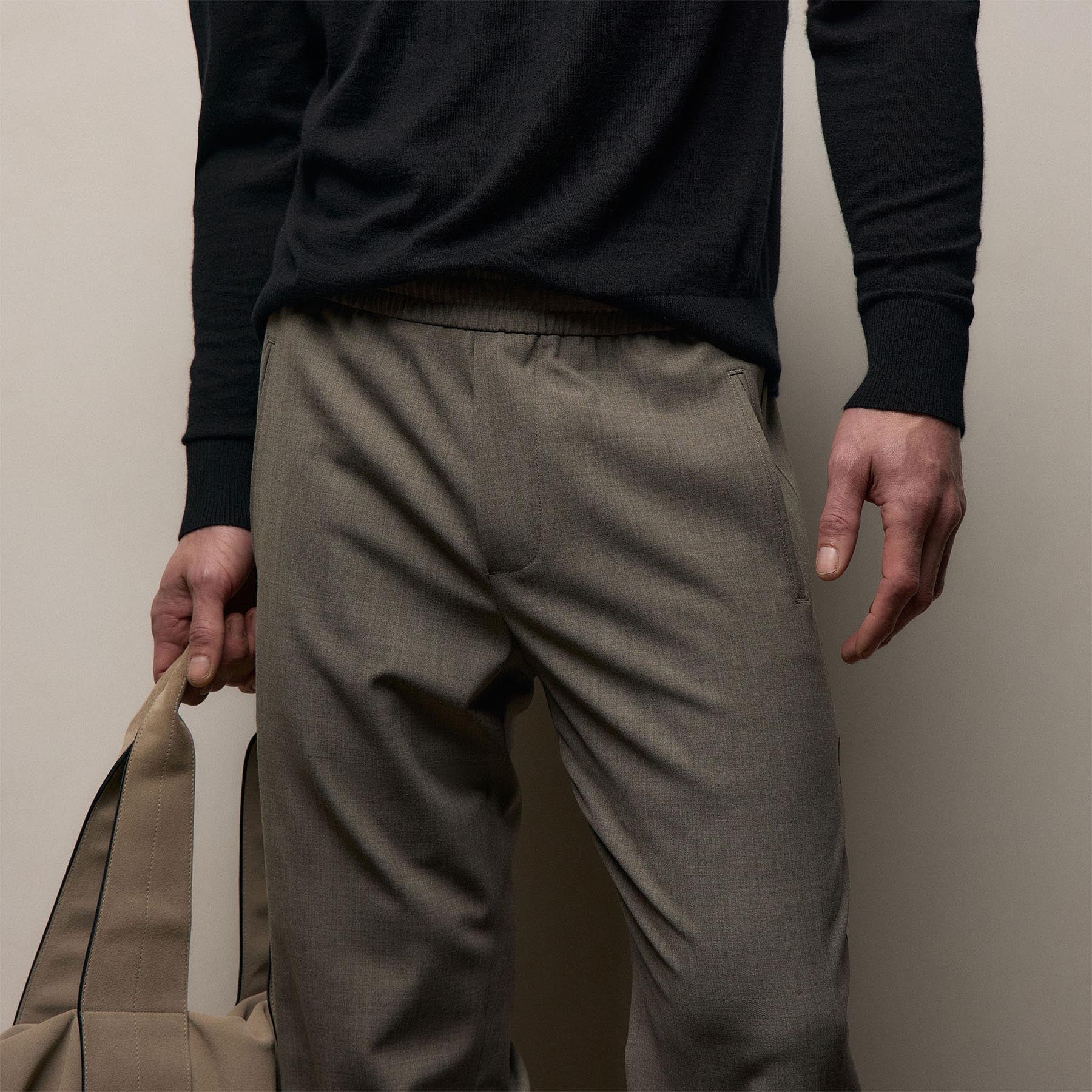 Wool Stretch Pull On Trouser - Light Olive
