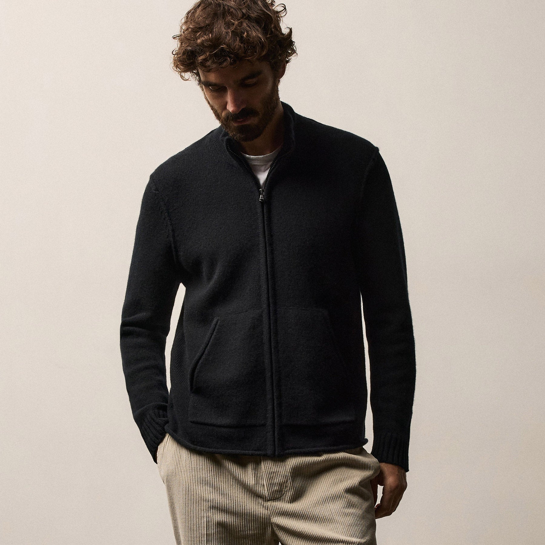 Recycled Cashmere Full Zip Sweater - Black