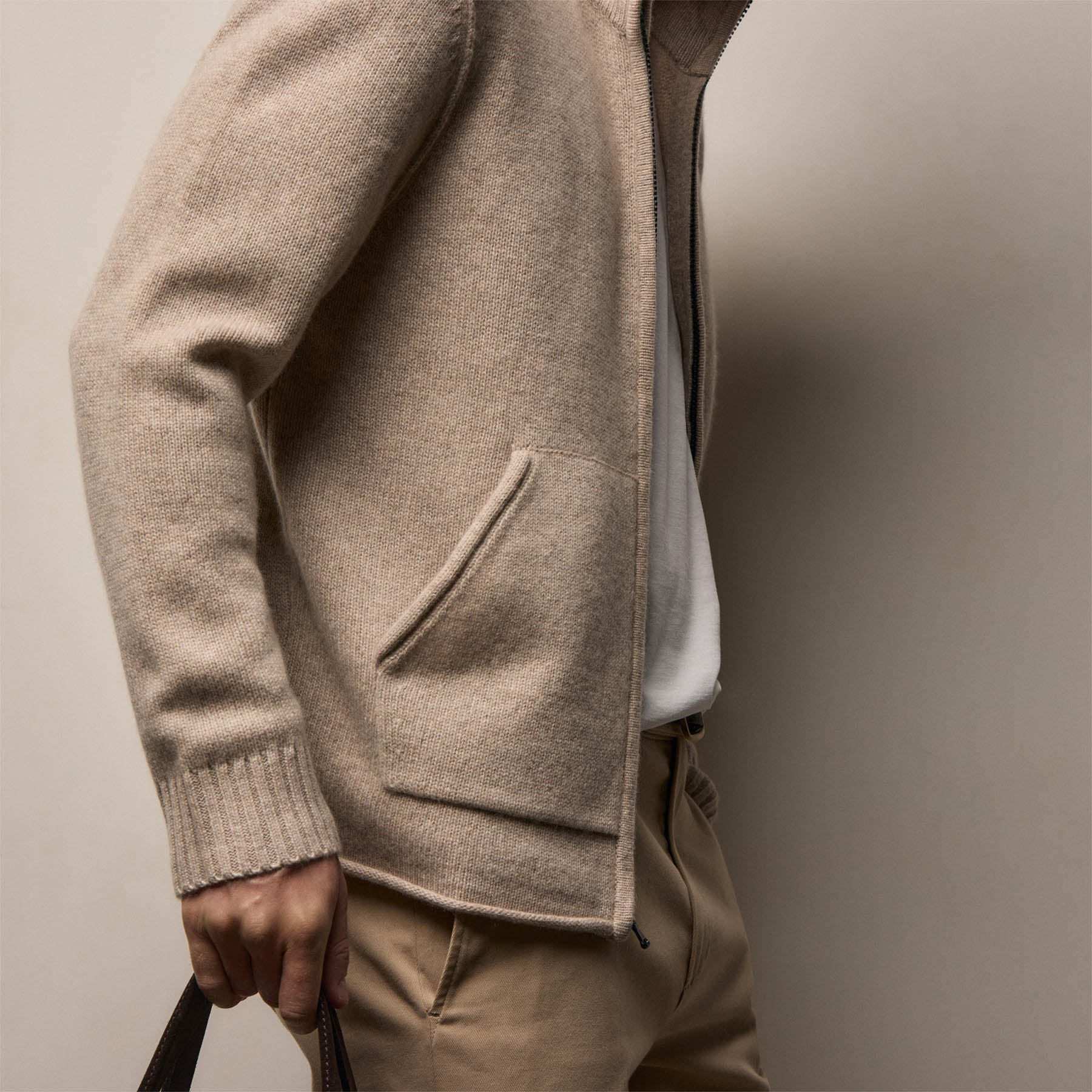 Recycled Cashmere Full Zip Sweater - Stone