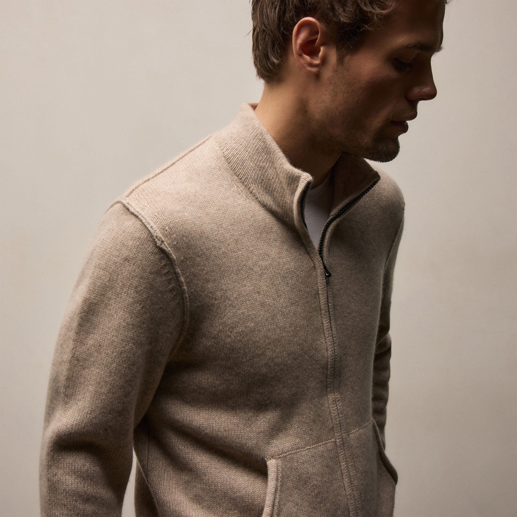 Recycled Cashmere Full Zip Sweater - Stone