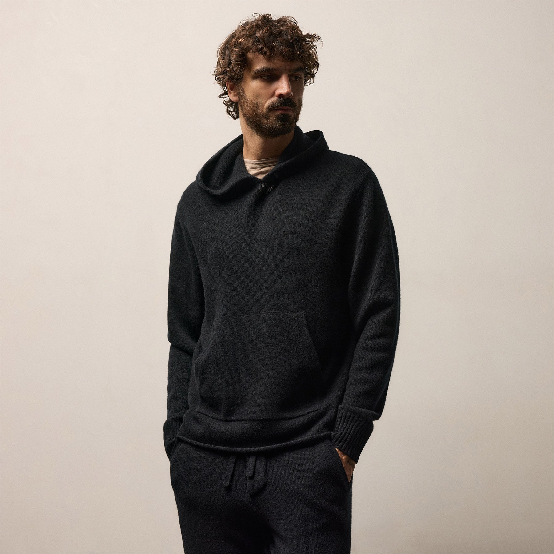 Recycled Cashmere Hooded Pullover - Black