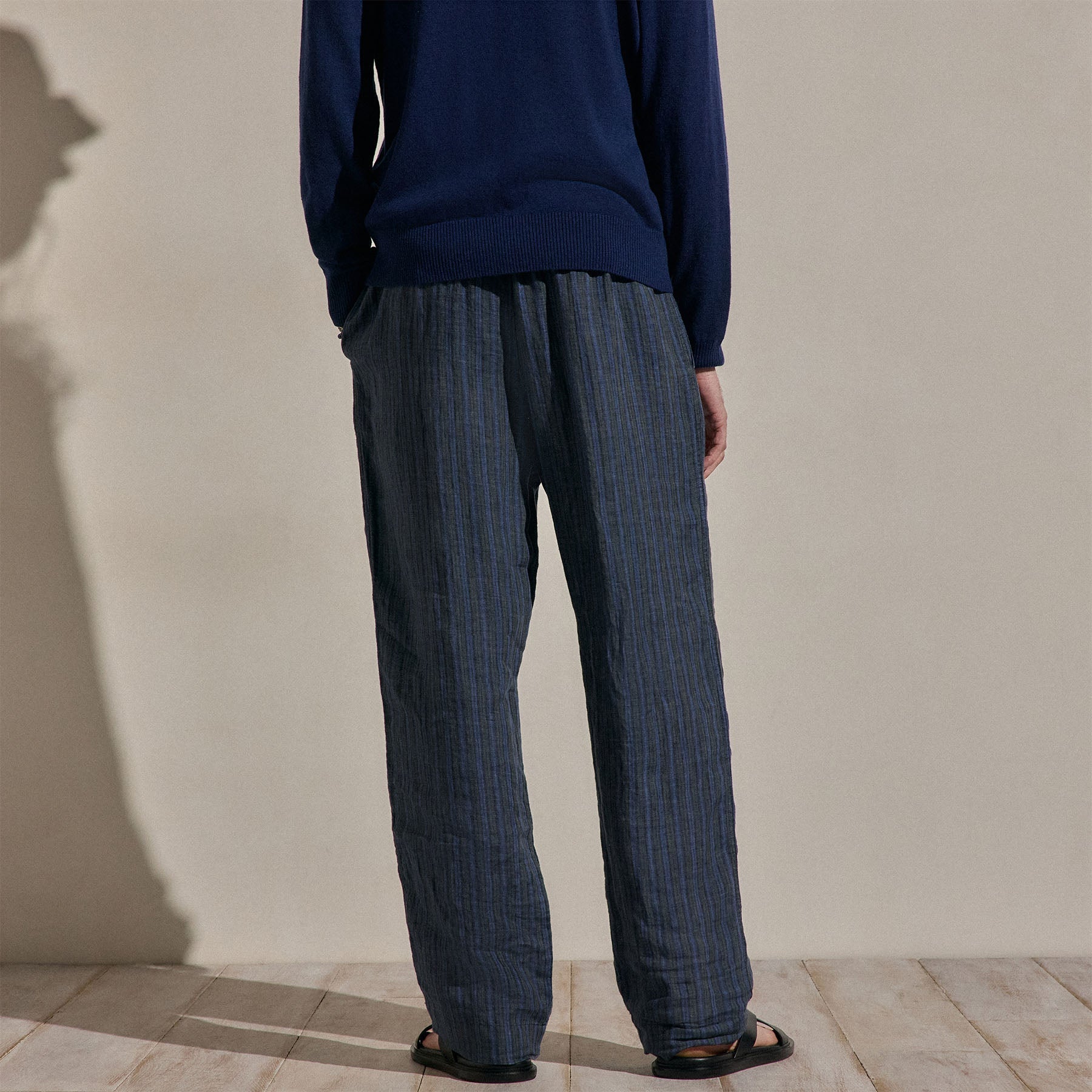 Washed Stripe Linen Relaxed Pant - Blue Stripe