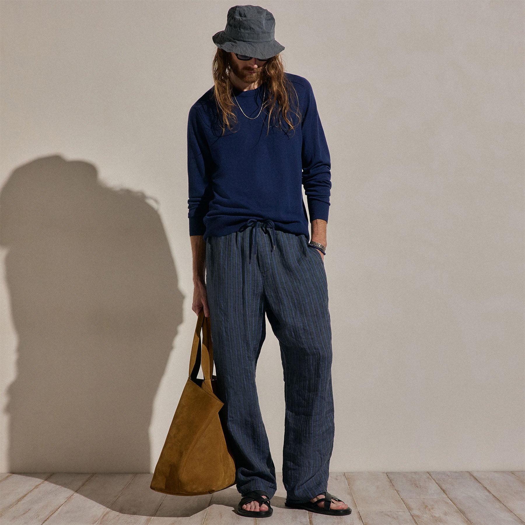 Washed Stripe Linen Relaxed Pant - Blue Stripe