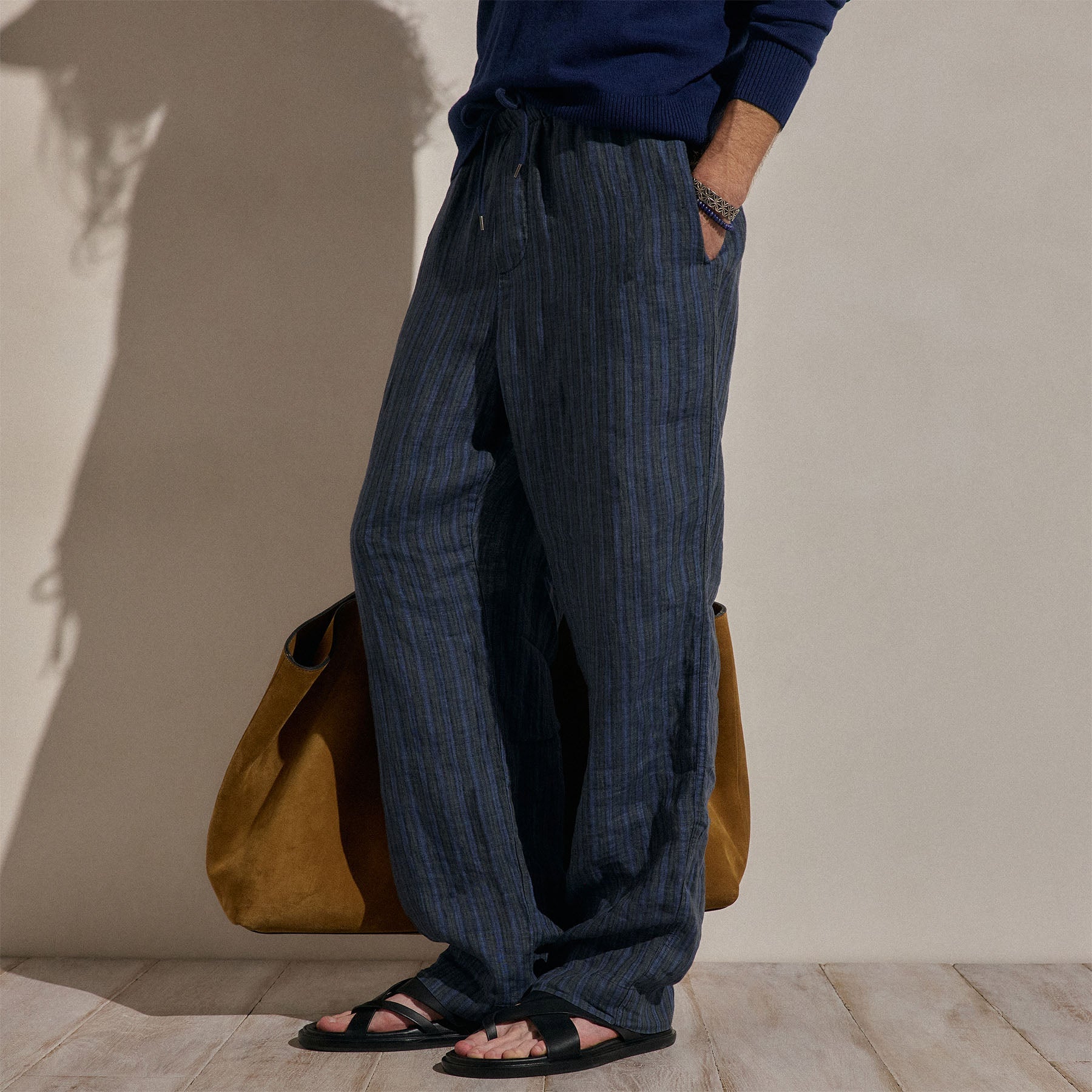 Washed Stripe Linen Relaxed Pant - Blue Stripe
