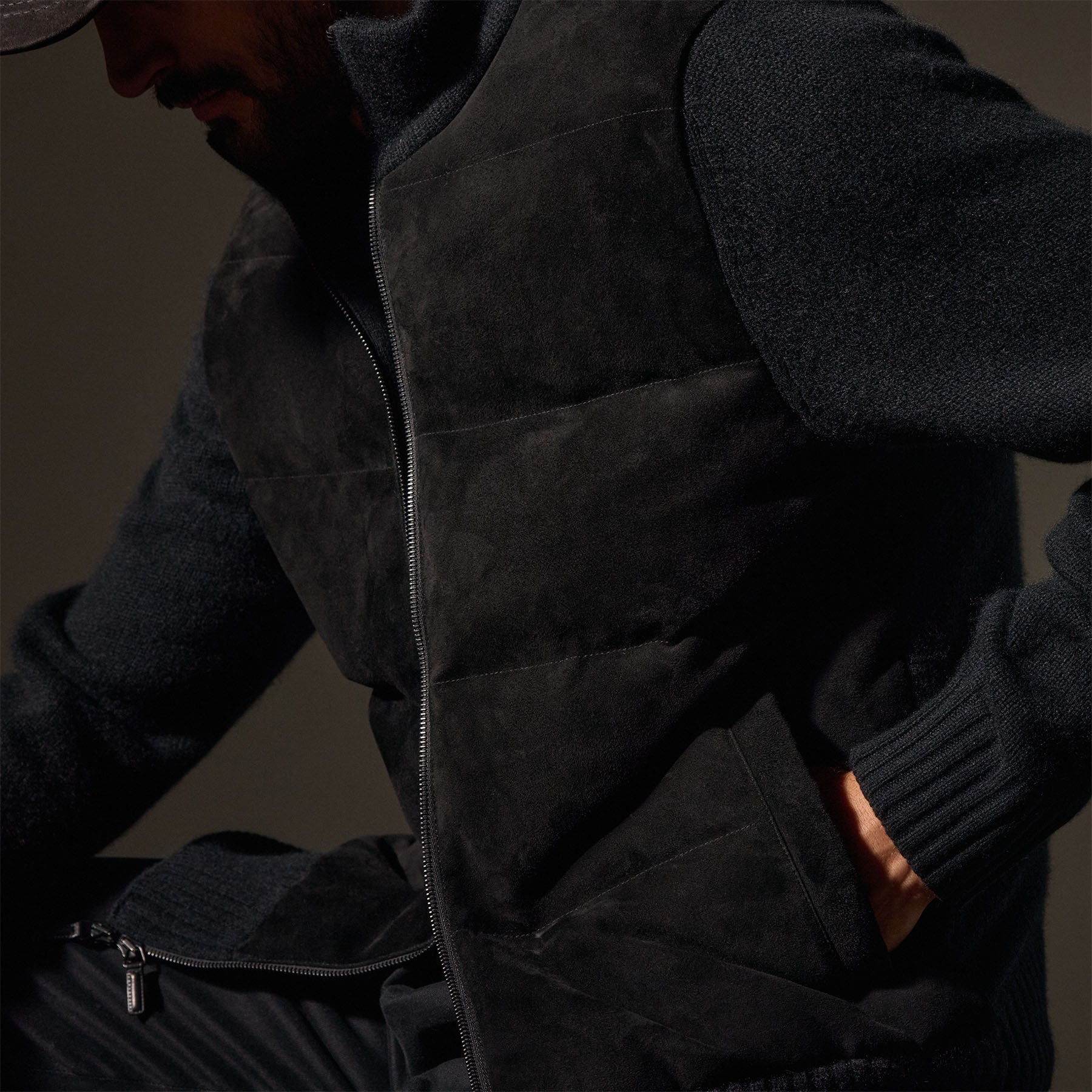 Suede Front Zip Up Sweater - Black