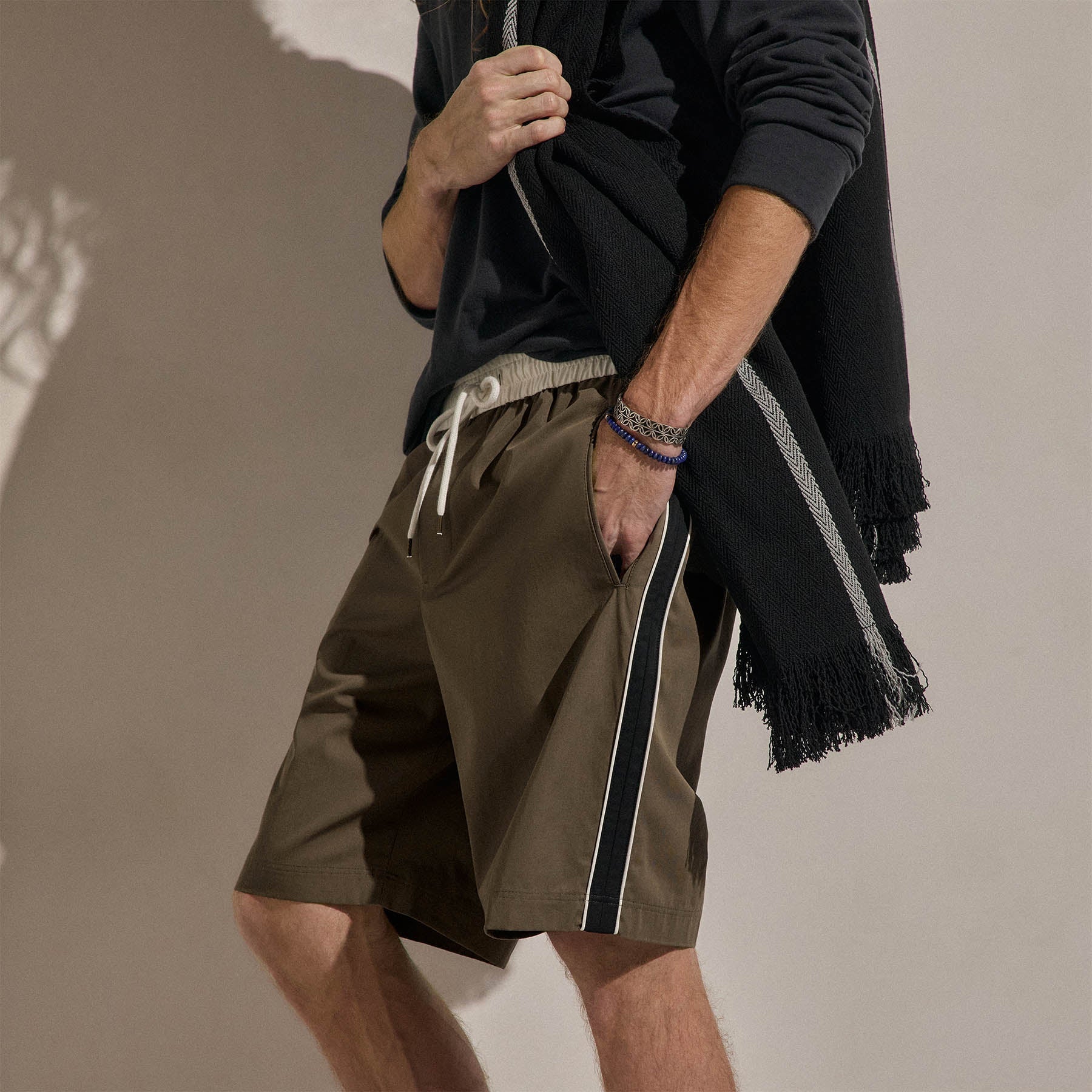 Elevated Cotton Twill Track Short - Light Olive/Black/White