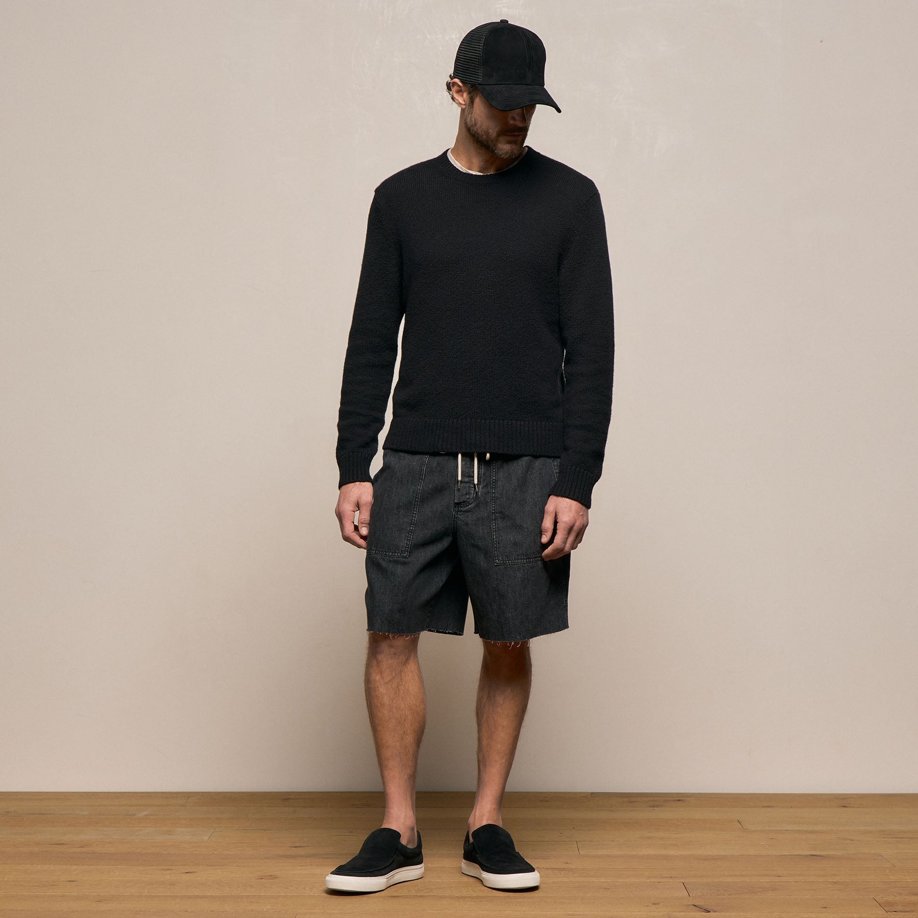 Stretch Cotton Crew Sweater - Black