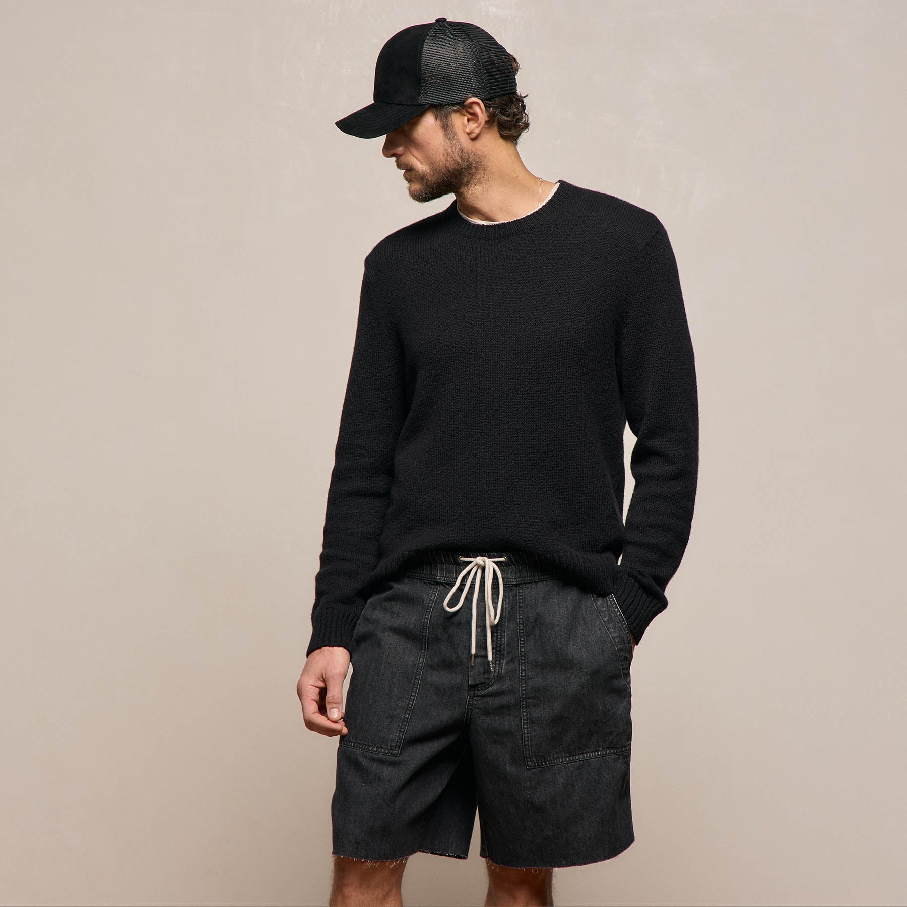 Stretch Cotton Crew Sweater - Black