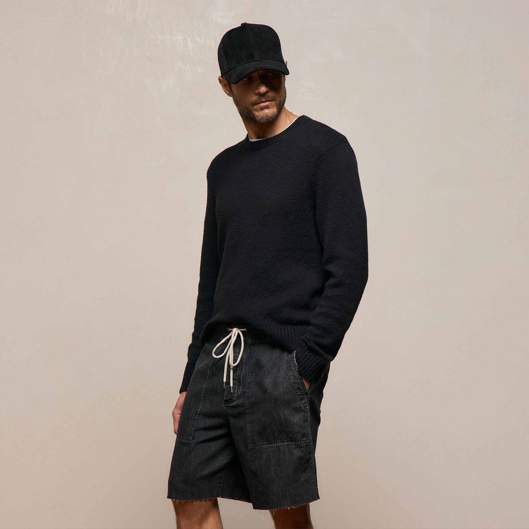 Stretch Cotton Crew Sweater - Black