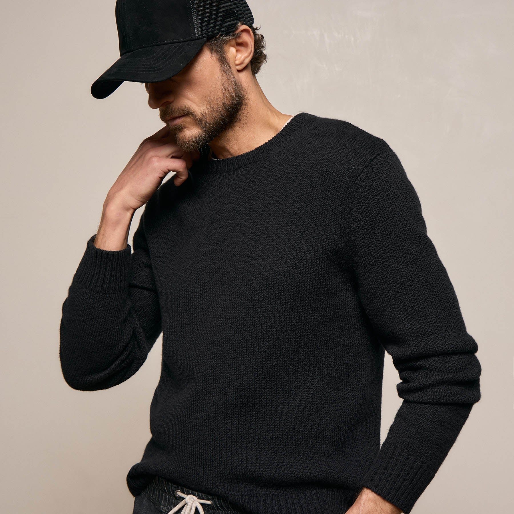 Stretch Cotton Crew Sweater - Black