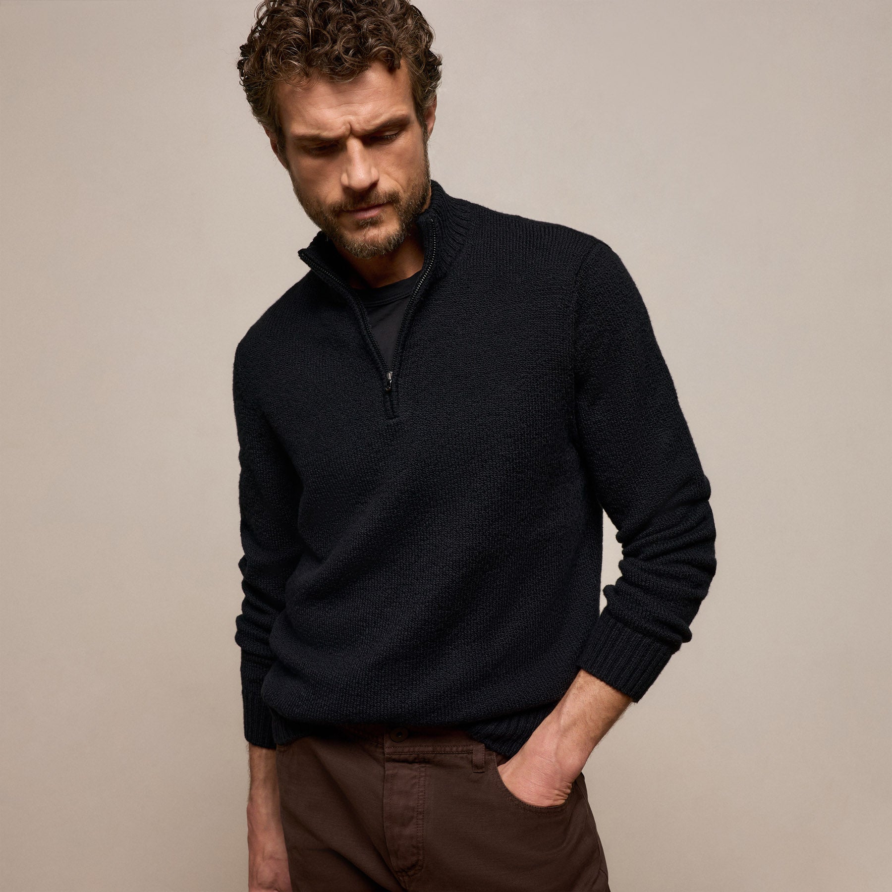 Stretch Cotton Knit Pullover - Black