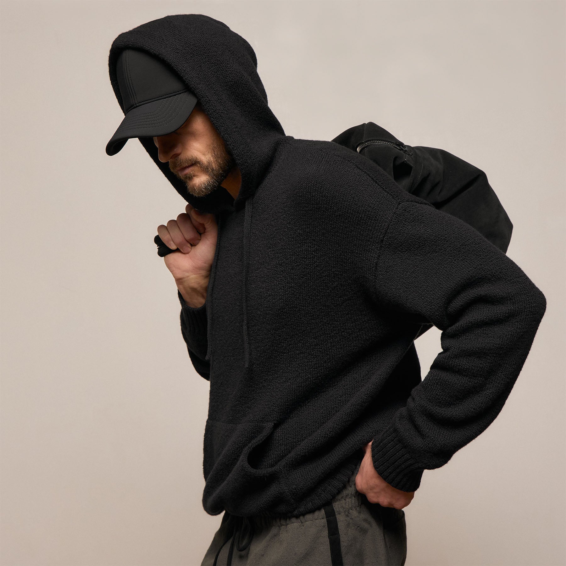 Stretch Cotton Hoodie - Black