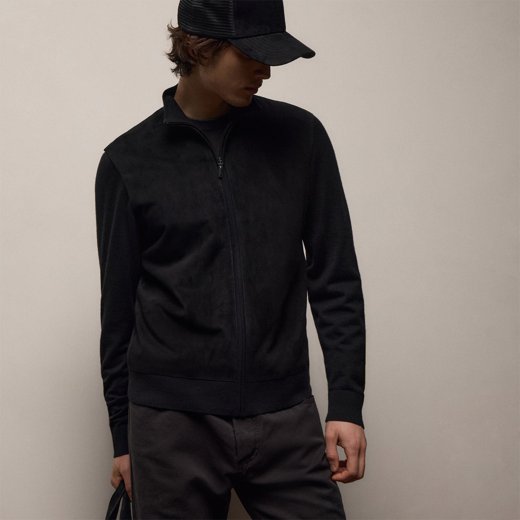 Ultrafine Cashmere Suede Front Zip Cardigan - Black