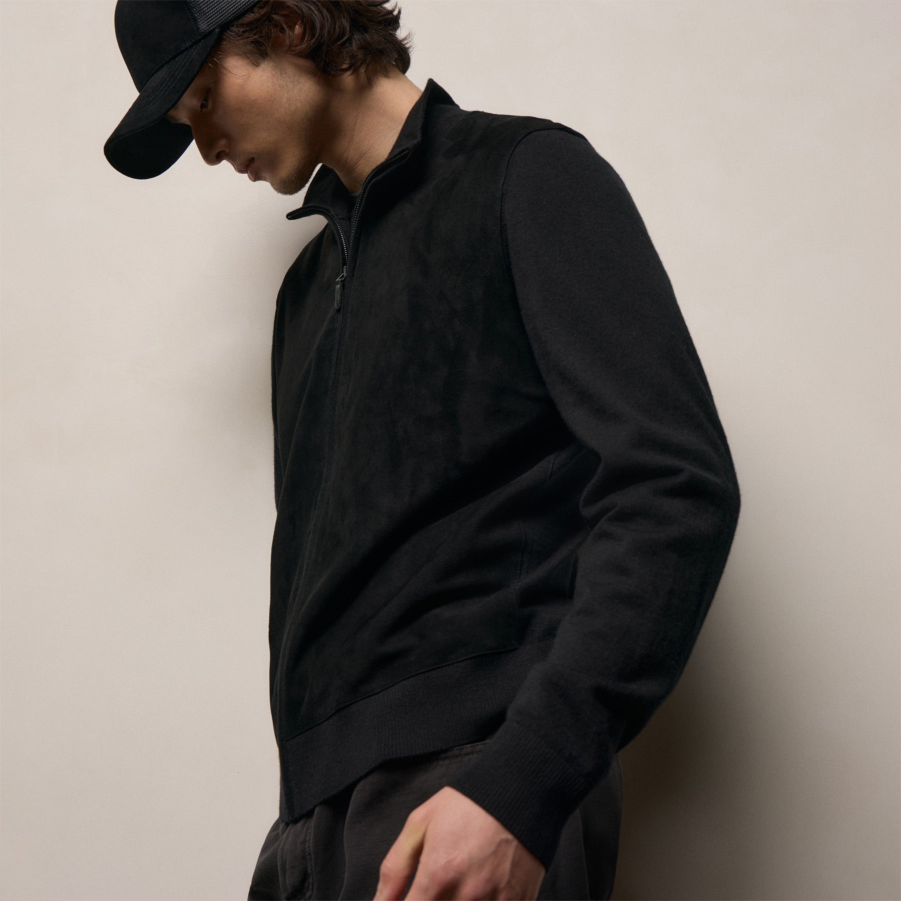 Ultrafine Cashmere Suede Front Zip Cardigan - Black
