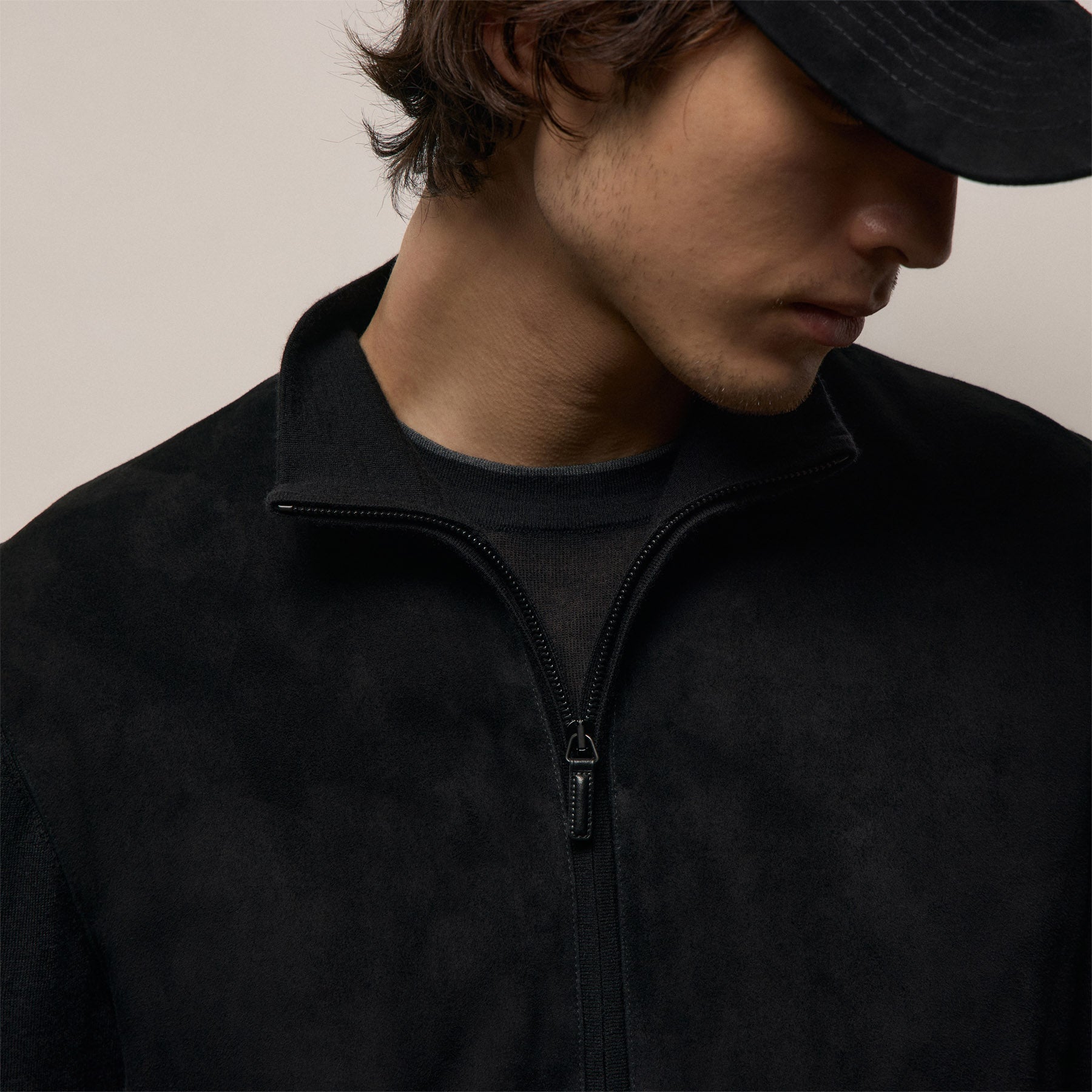 Ultrafine Cashmere Suede Front Zip Cardigan - Black