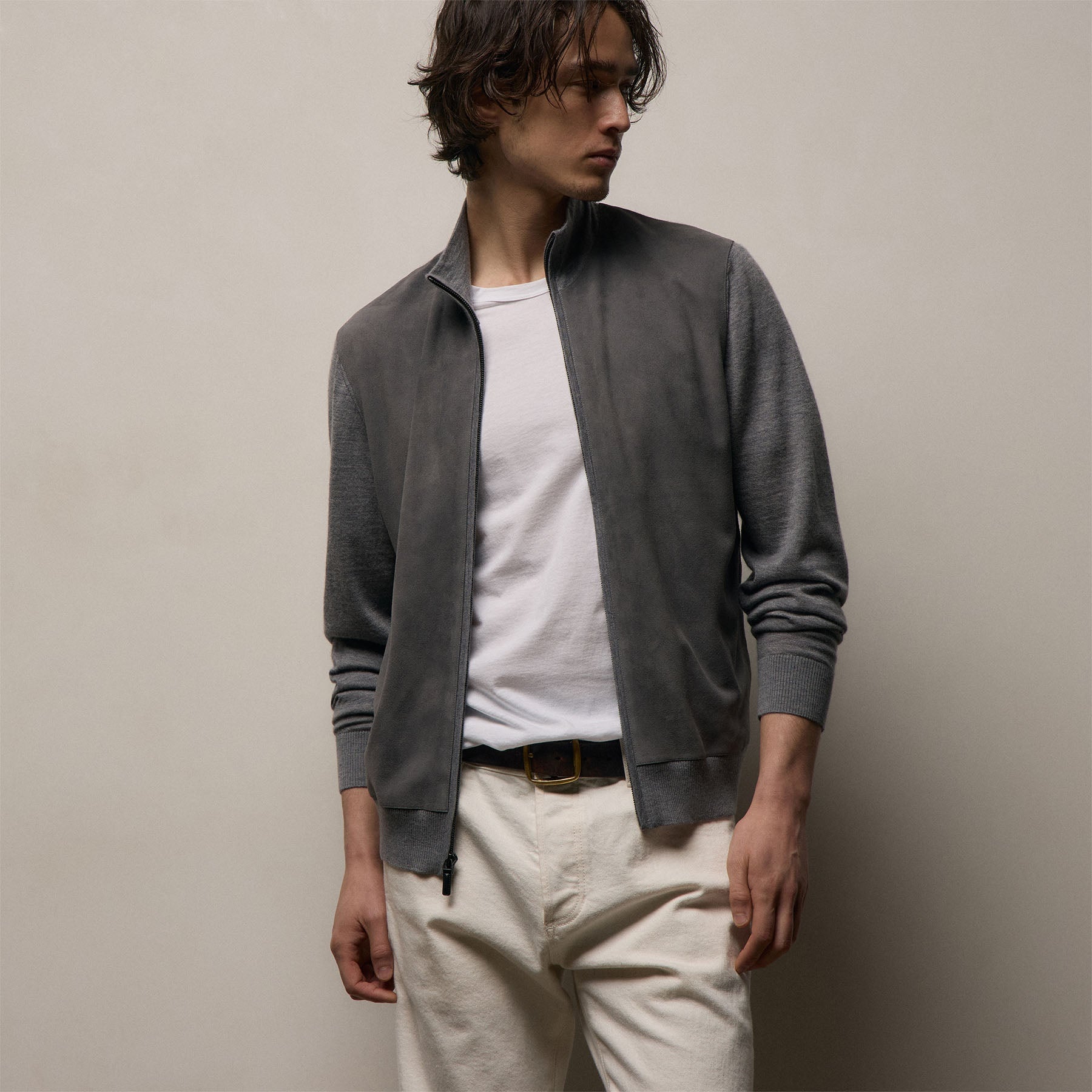 Ultrafine Cashmere Suede Front Zip Cardigan - Heather Grey