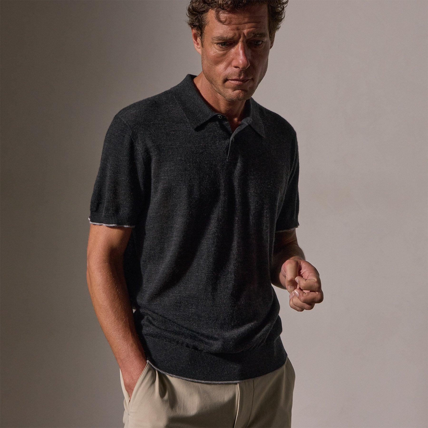 Ultrafine Cashmere Tipped Polo - Coal/Light Heather Grey